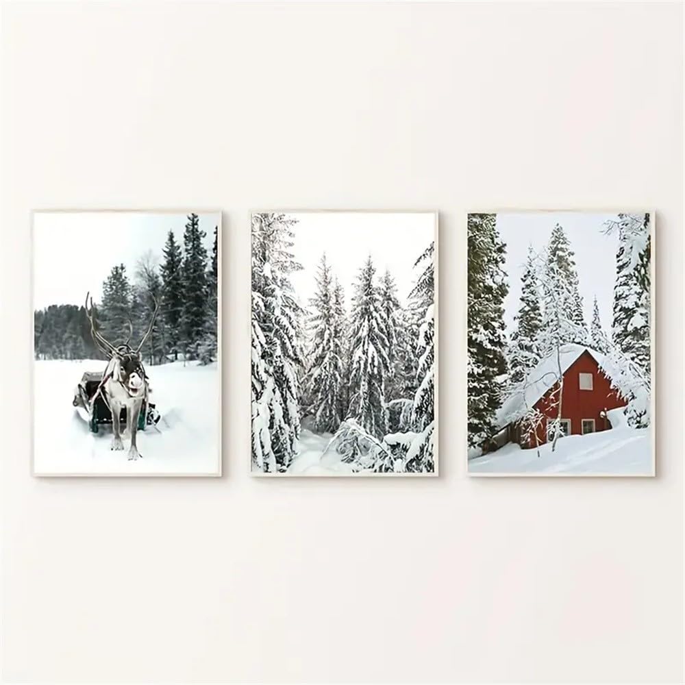 WBYZAC Botanical Posters-Canvas Poster, Modern Art, Winter Forest Reindeer Painting, Snowy Trees Red House Holiday Poster, for Bedroom Living Room Kitchen Room Decoration-60 * 70cm*3PCS (No Frame)