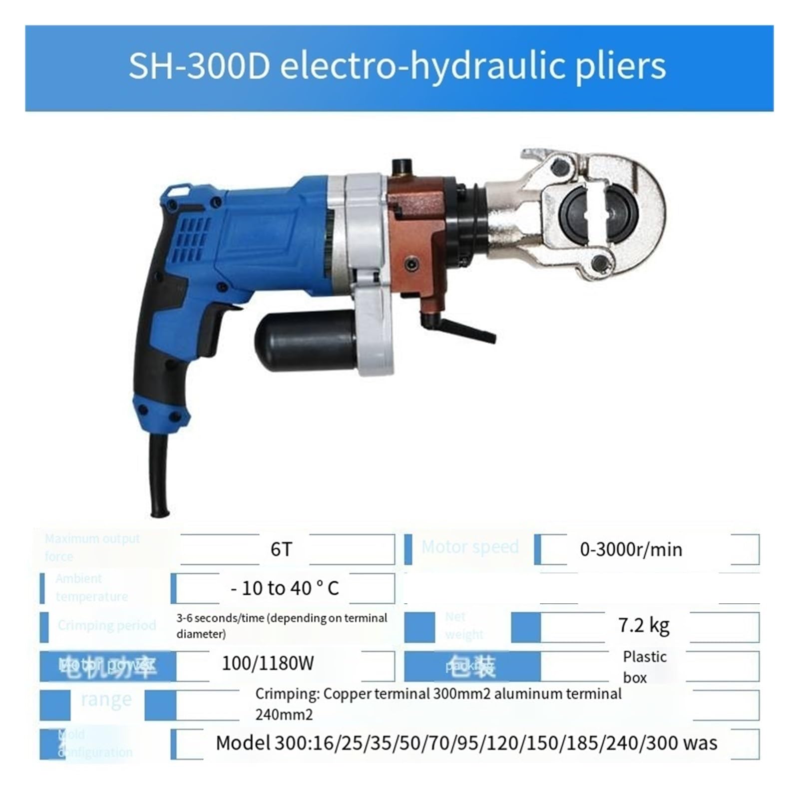 Szczypce elektrohydrauliczne Nożyczki do kabli Przenośne szczypce do zaciskania, Terminal Zacisk ze stali nierdzewnej Zacisk Zacisk rurowy(300D)