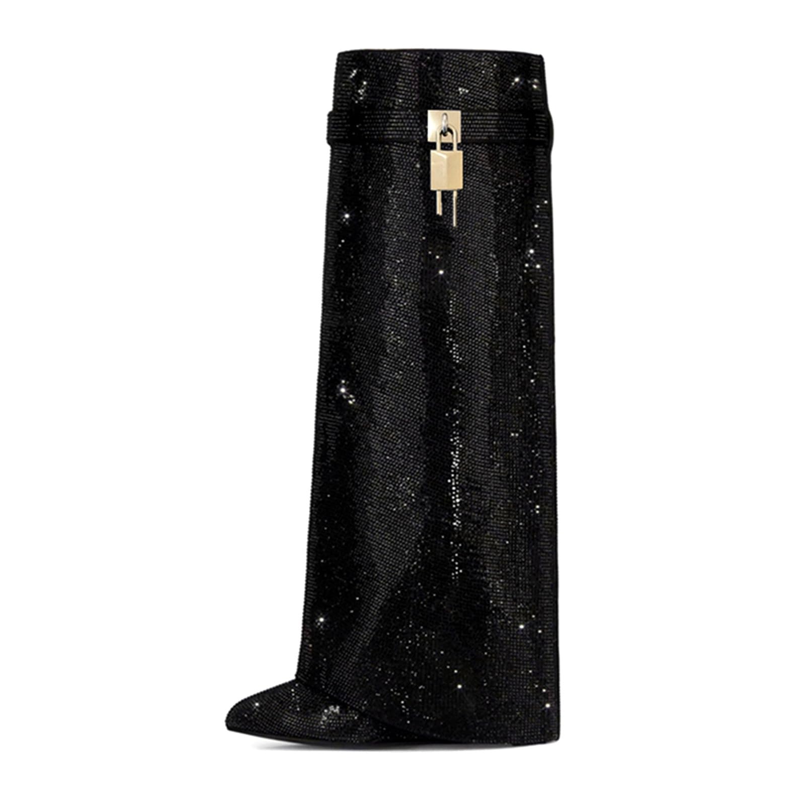 Fold Over Knee High Boots for Women - Pull-on Pointed Toe Wedge Heel With Sparkly Rhinestone and Padlock