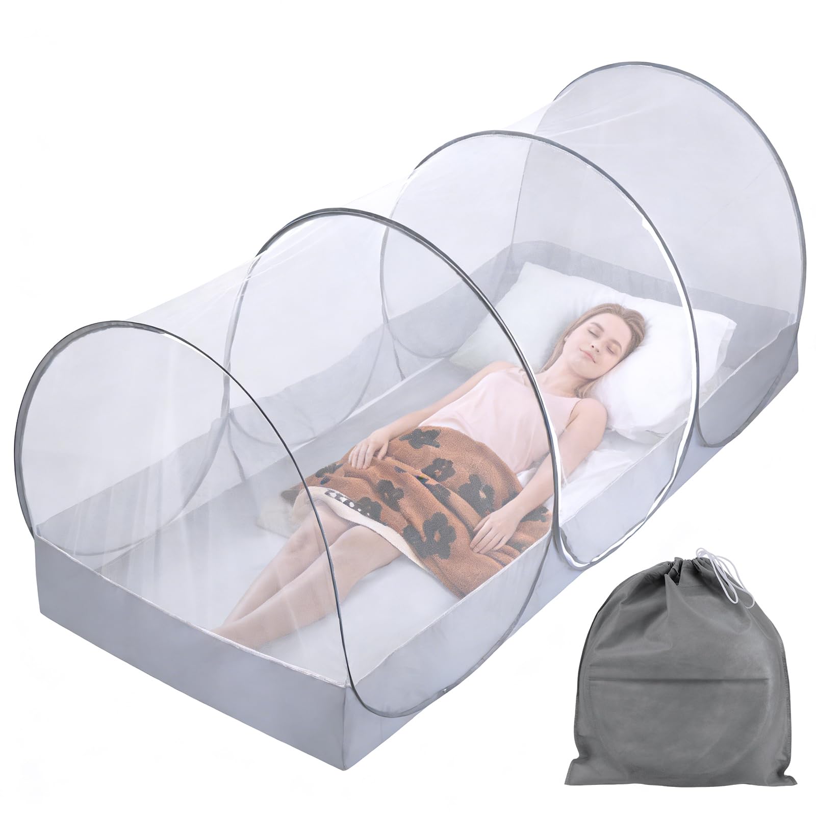 BigKing Mosquitera de Viaje, Ajustable, emergente mosquitera, portátil, Plegable, para Cama Individual con Cremallera, perfectablanco y Negro para dormitorios, Viajes o Camping (B)