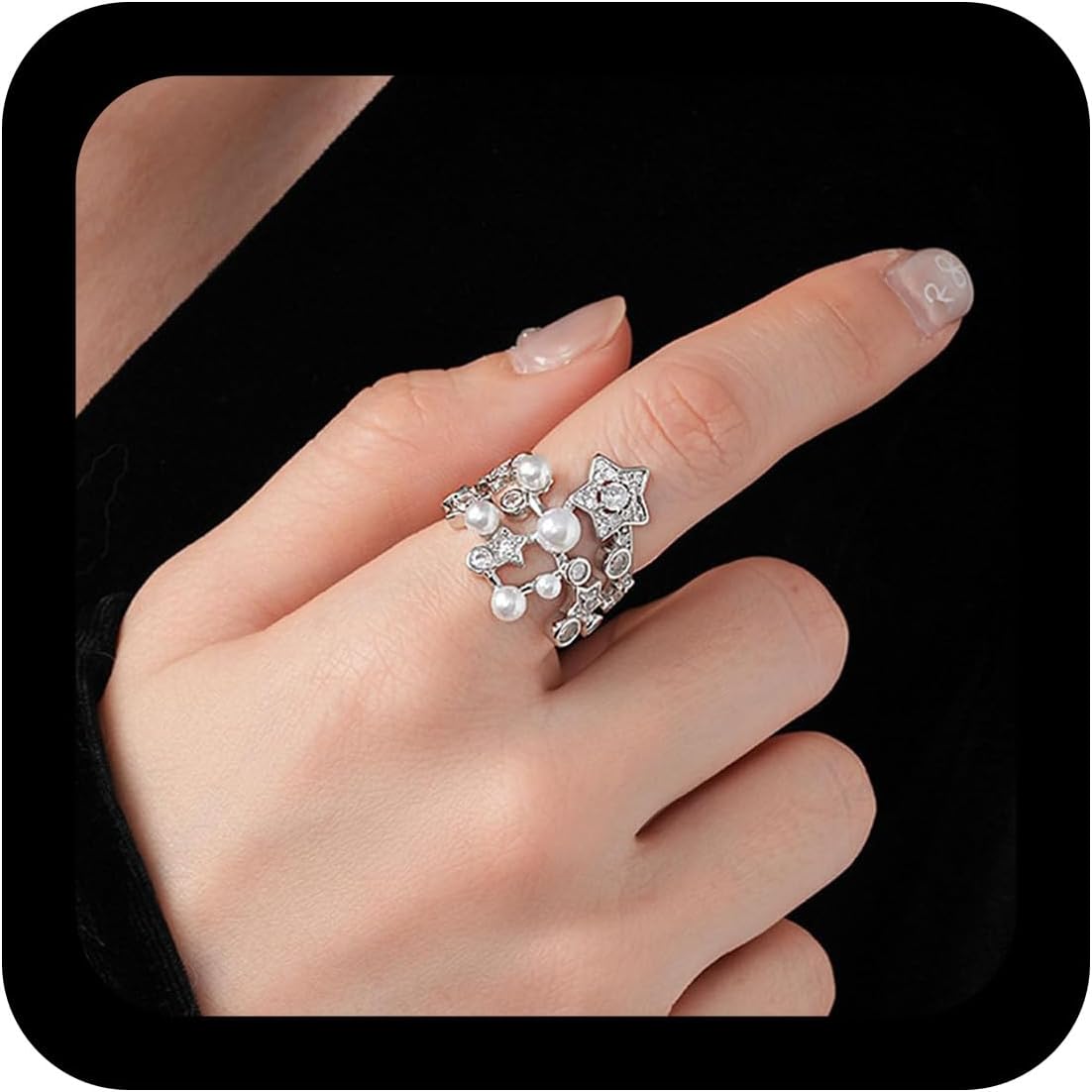 Vintage Crystal Pearl Ring Silver Rhinestone Star Ring Adjustable Open Finger Rings Cluster Cz Wedding Rings Jewelry for Women