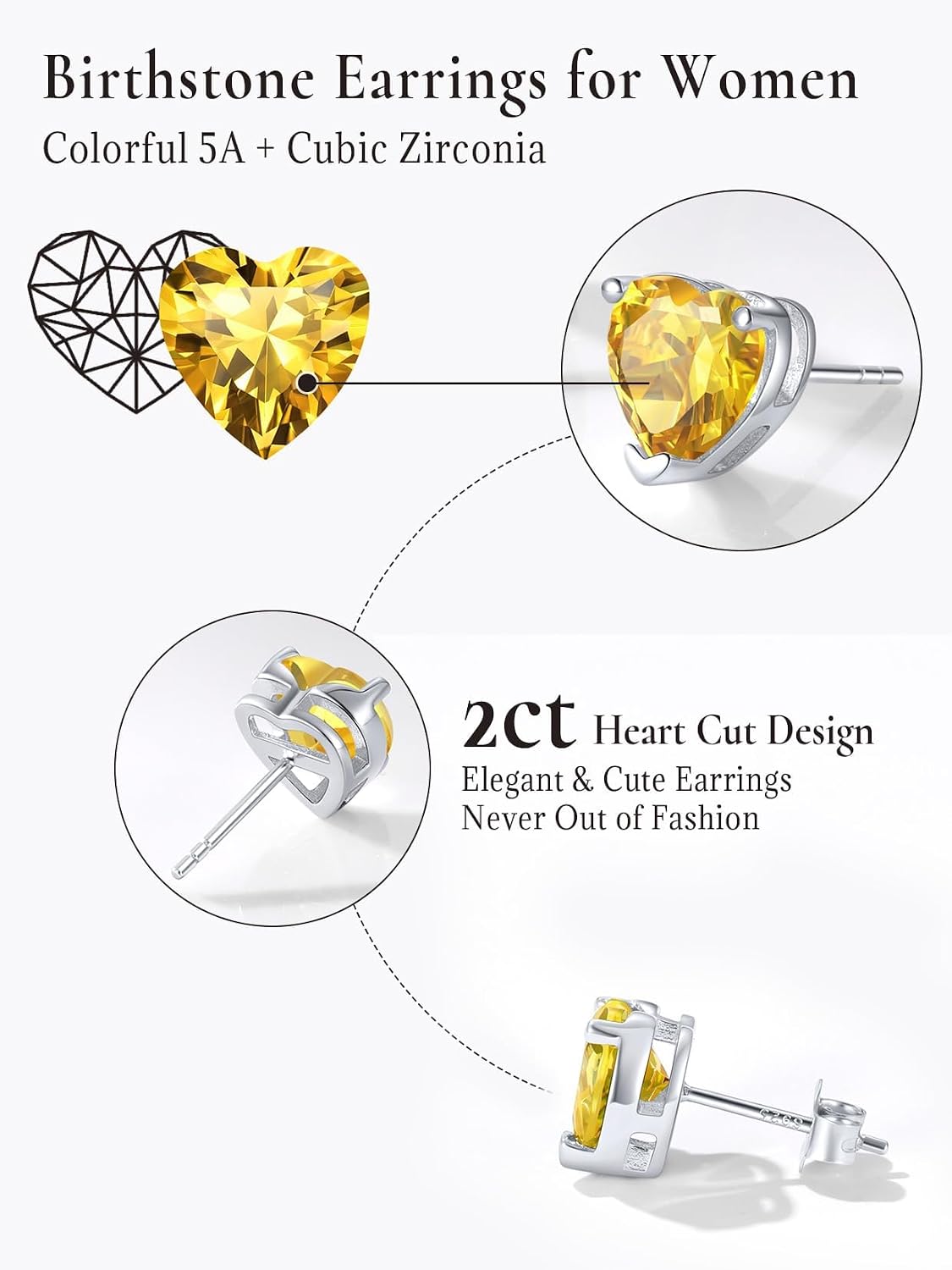 SILVERCUTE 925 Sterling Silver 2ct Birthstone Stud Earrings,Hypoallergenic Round/Heart/Square Birthstone Earrings for Women Birthday Christmas Jewelry
