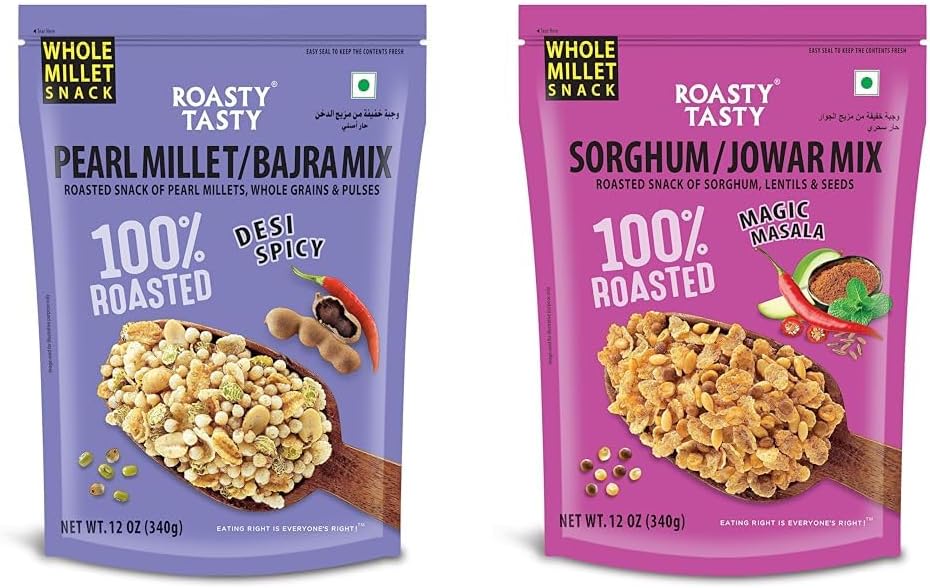 Roasty Tasty Bajra Mix Desi Spicy | Healthy Millet Snacks - Low Calorie, Low GI, Non Fried 340g & Roasted Snack of Jowar Mix, Lentils And Seeds Millet Snacks 340g | Healthy Snacks Combo