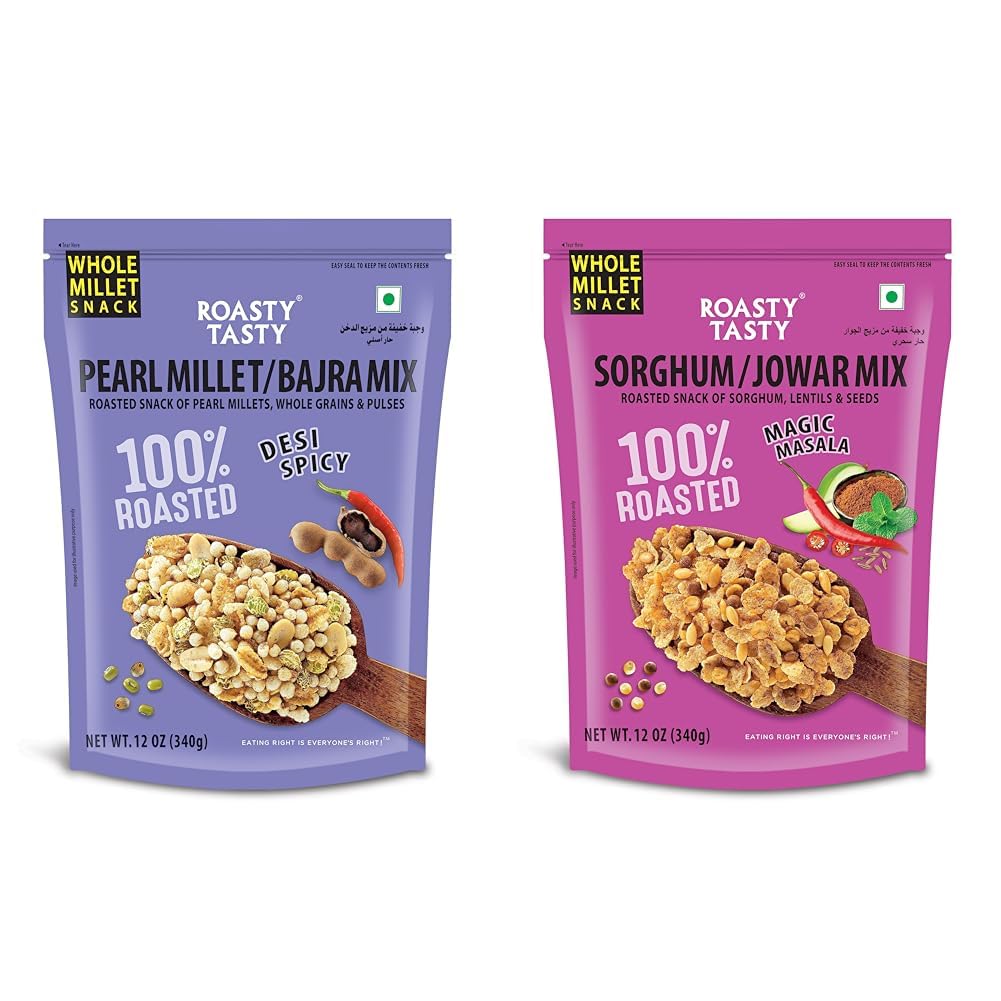 Roasty Tasty Bajra Mix Desi Spicy | Healthy Millet Snacks - Low Calorie, Low GI, Non Fried 340g & Roasted Snack of Jowar Mix, Lentils And Seeds Millet Snacks 340g | Healthy Snacks Combo