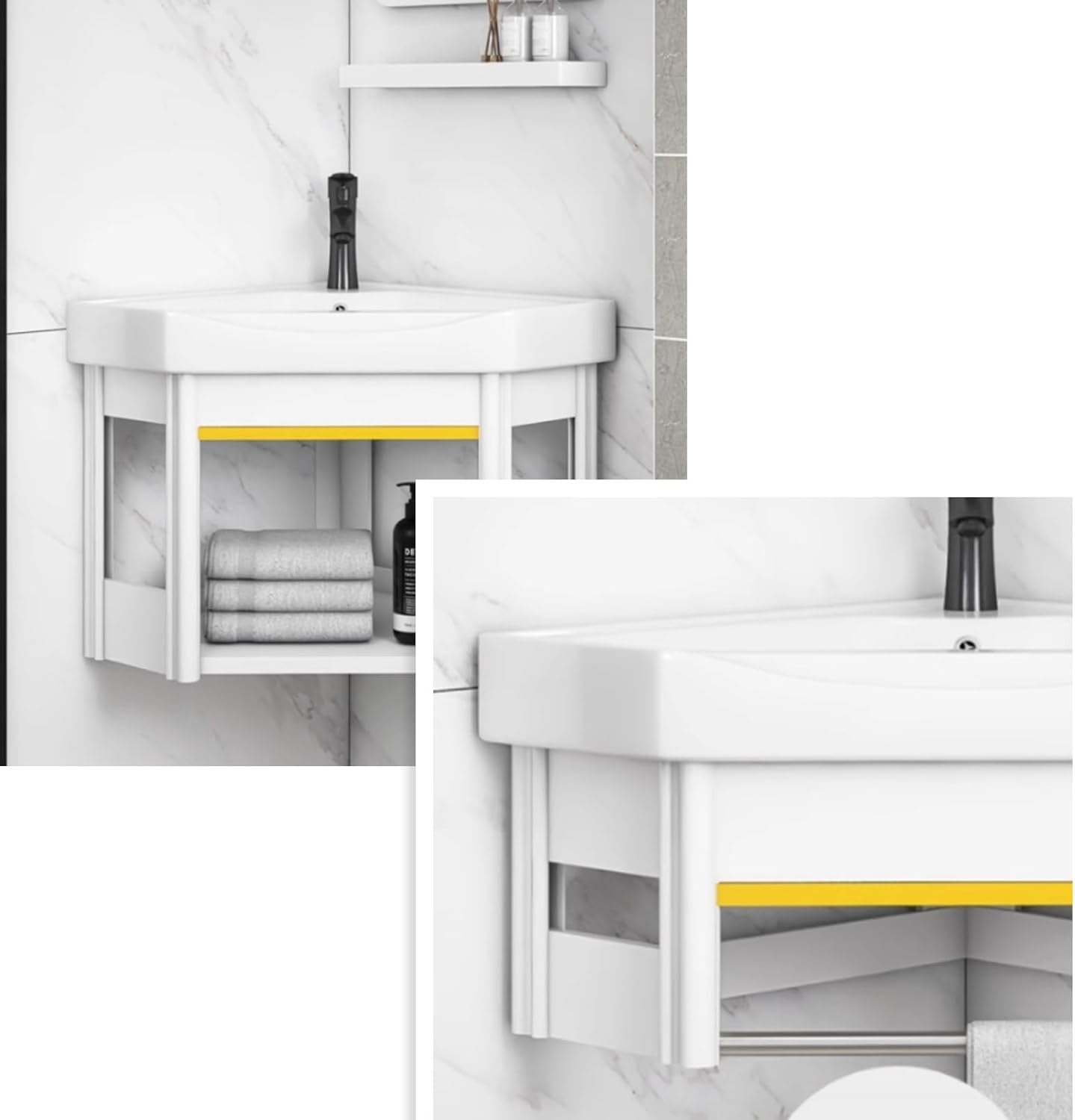 Bathroom Corner Basin Sinks,Wall Mount Vessel Sink,Ceramic Sink,Wall Mounted Cabinet Set for Small Space,for Small Space Wall Mounted Floating Cabinet(Color:2,Size:38cm/15in)