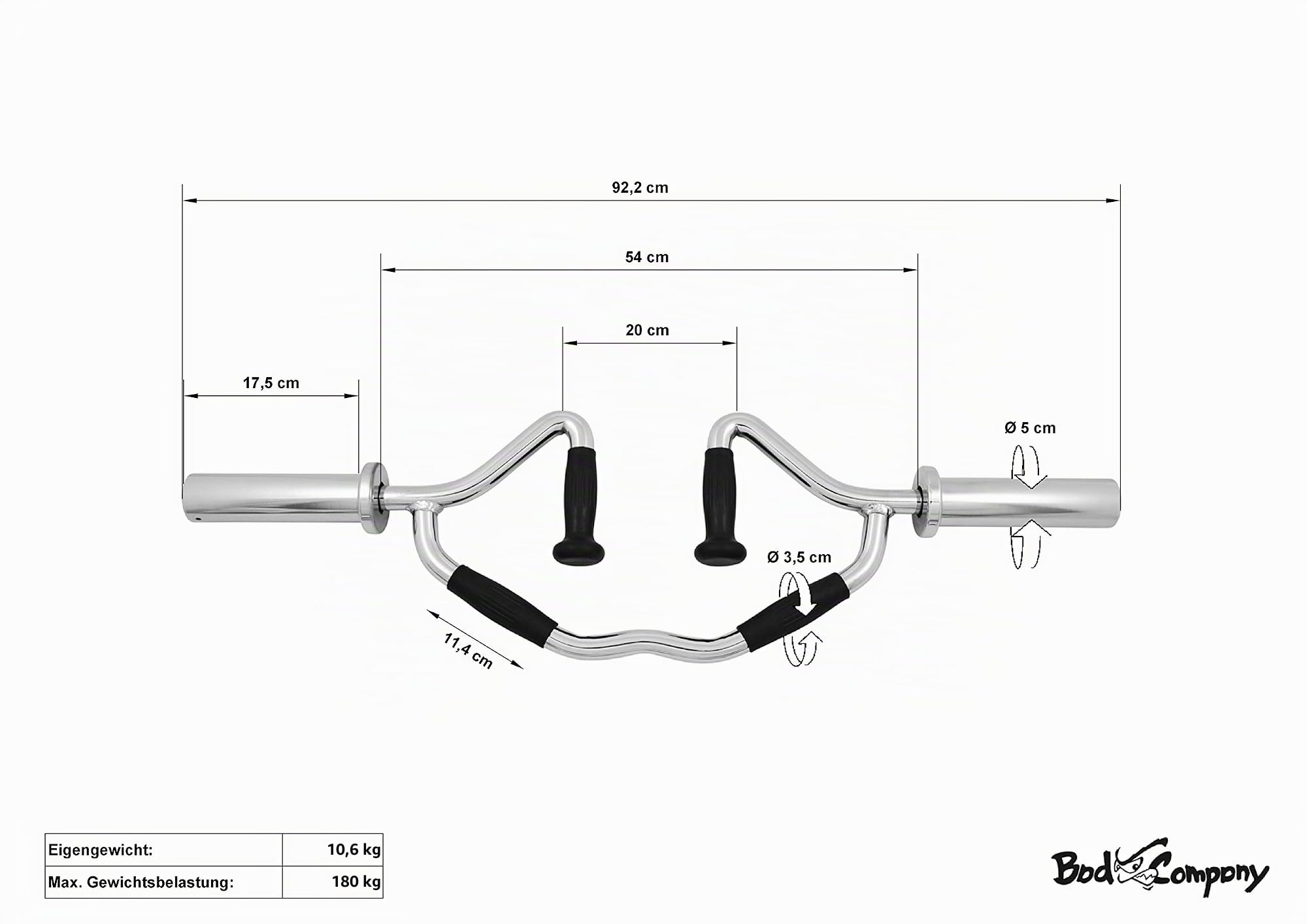 Bad Company Olympia Tri-Trap Bar inkl. Federverschlüssen 50/51 mm l Spezielle Hantelstange für effektives Trizeps- und Schulter-Training l Max. Gewichtsbelastung bis zu 180 kg