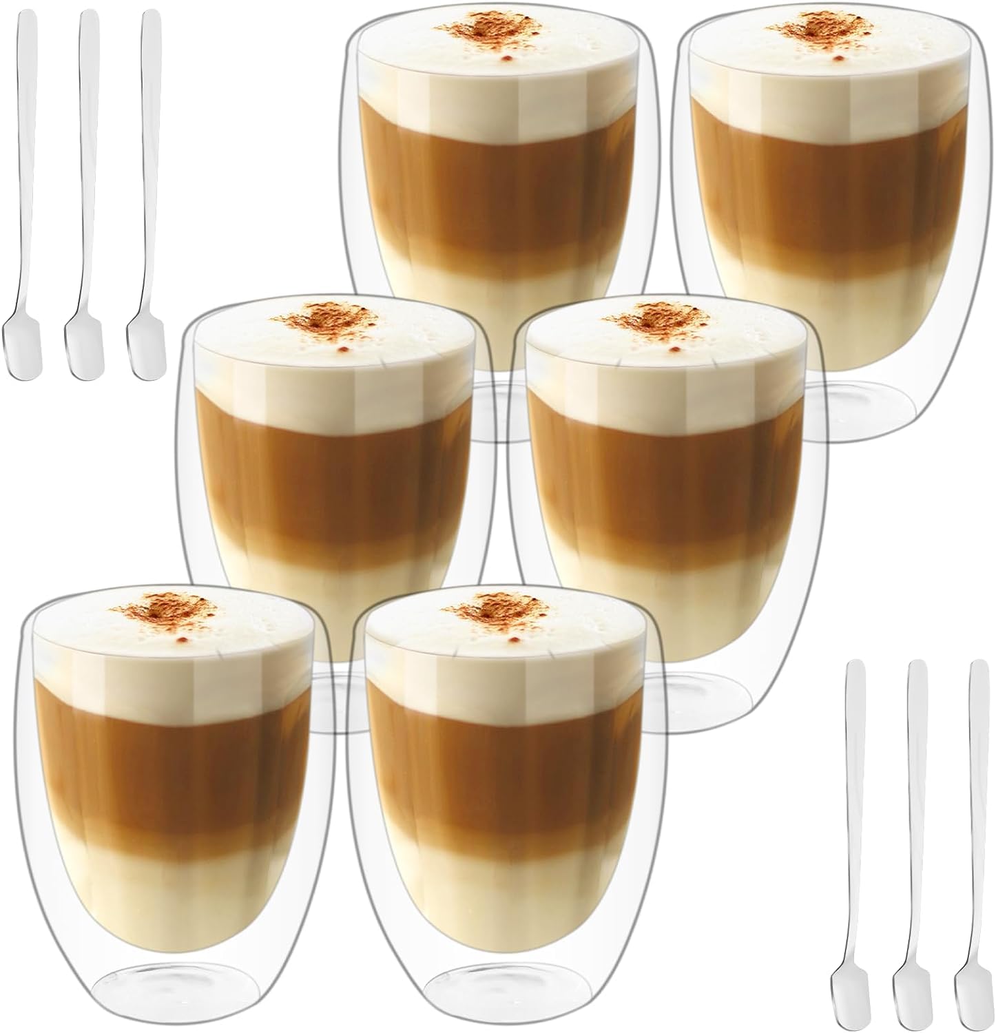 EETUDouble Walled Glass Coffee Mugs 6pc/350ML With 6 Spoons, Large Insulated Layer Coffee Cups, Clear Borosilicate Mugs, Perfect for Cappuccino, Tea, Latte, Espresso, Wine (6 glasses With 6 spoons)