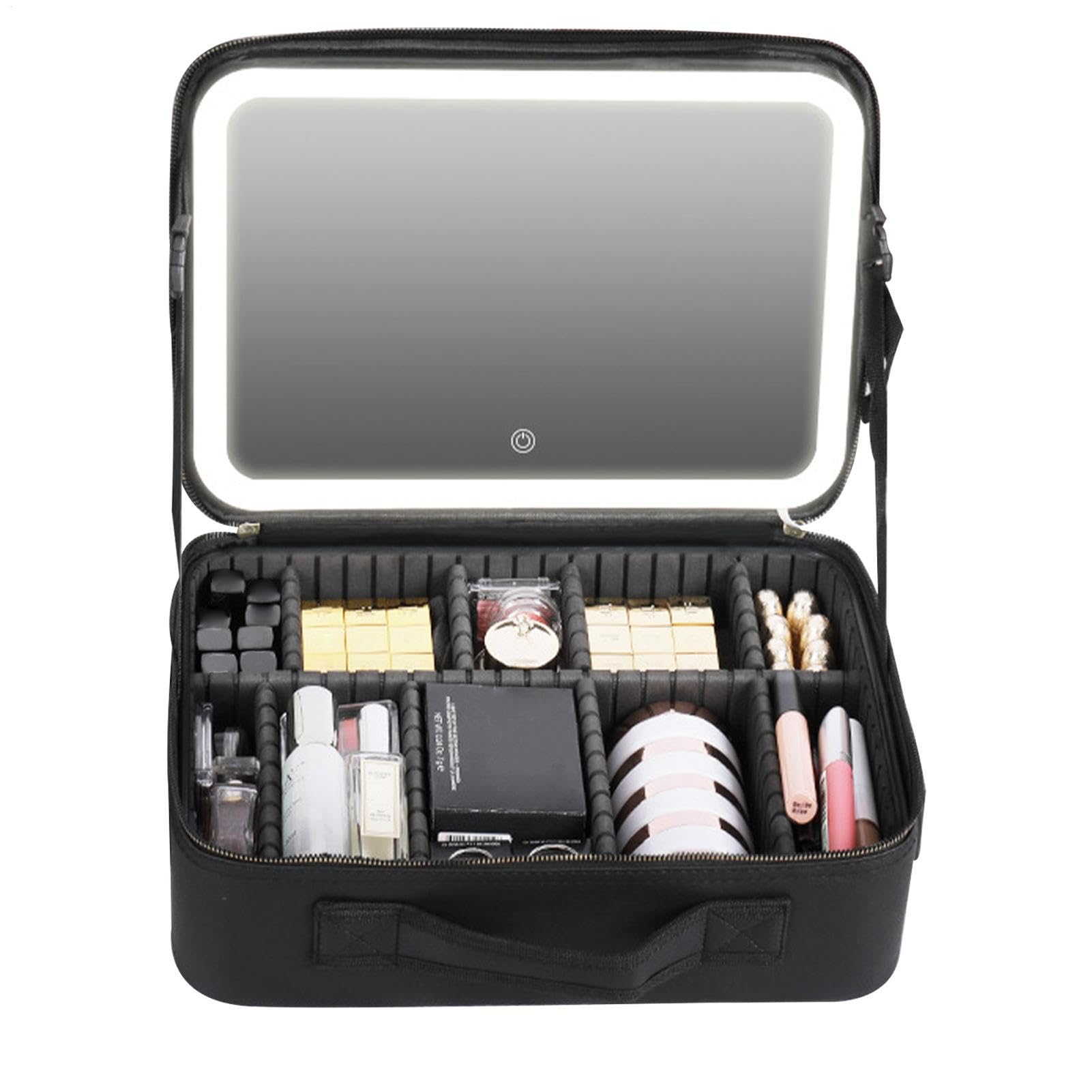 Neceser portátil – Estuche de Maquillaje de Viaje para Mujer, Estuche de | Maquillaje con Cremallera, portátil a Prueba de Polvo con Espejo y Luces, Varios Compartimentos, Negro, Small, Consulte