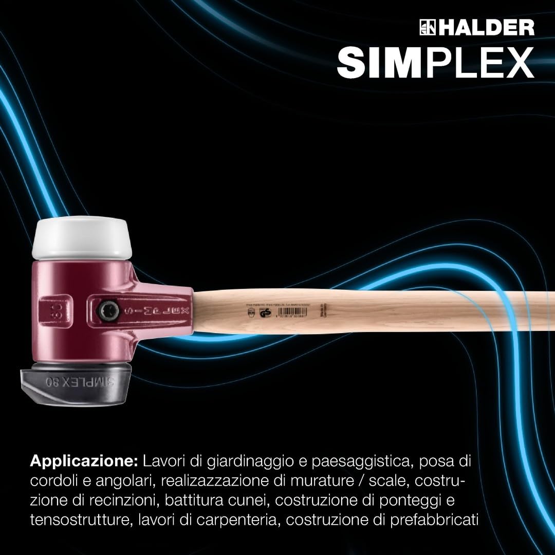 SIMPLEX 3027.261 - Martello in gomma con supporto in ghisa malleabile e manico in hickory, diametro 60 mm