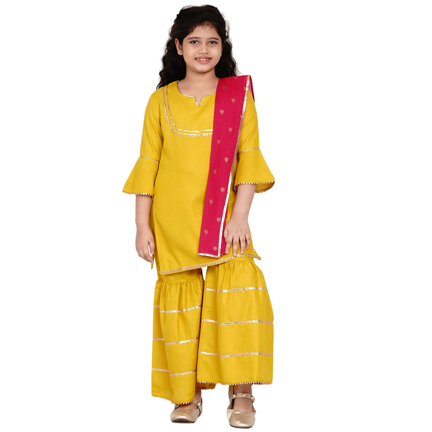 Bitiya By Bhama Girl's Cotton Blend Kurta & Sharara & Dupatta