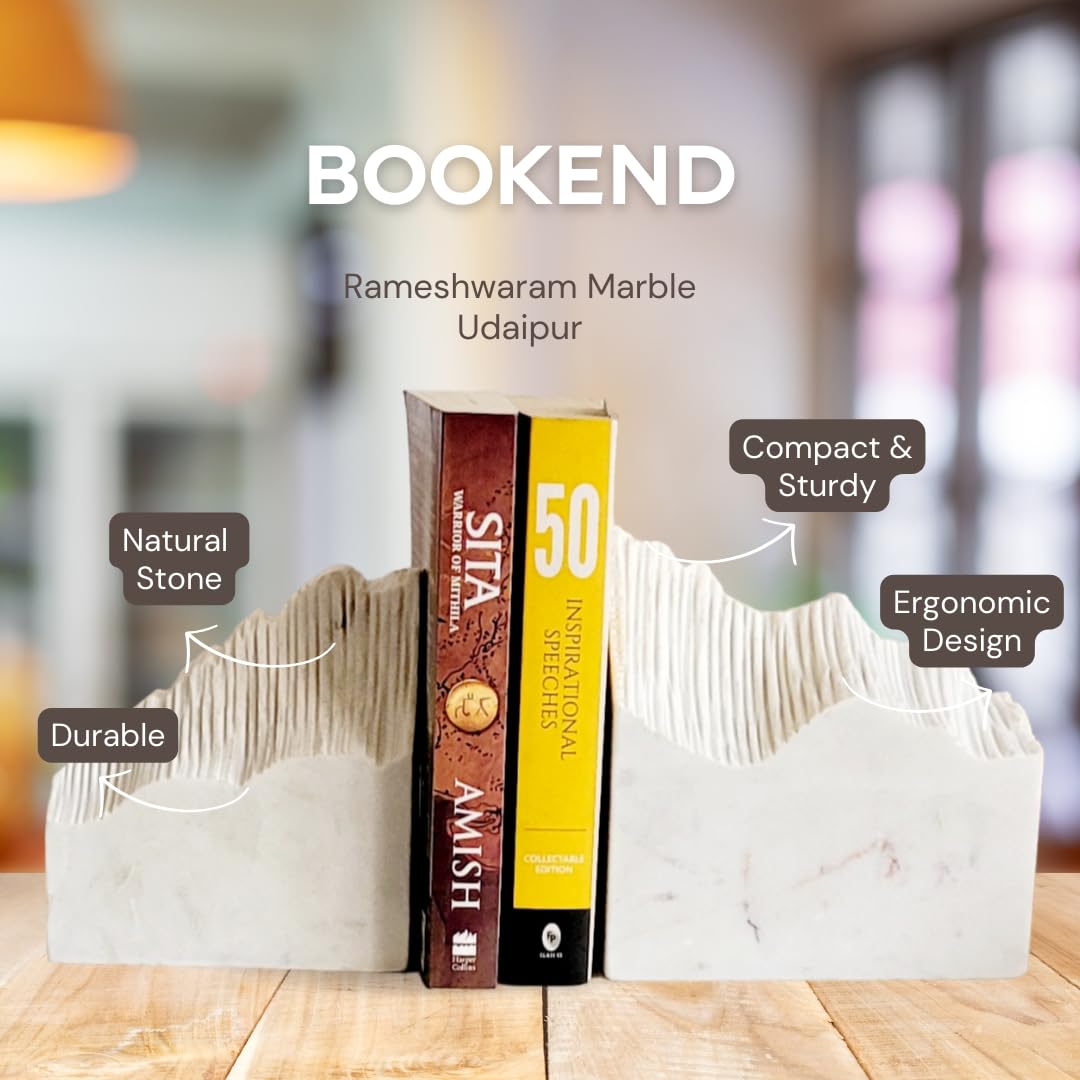 RM White Mountain Bookends Set of 2 | Heavy Marble Book Holders for Shelf 3