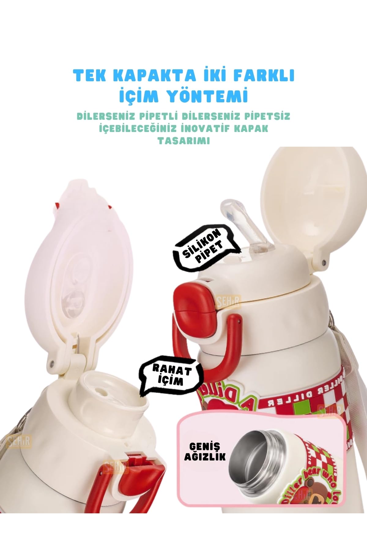 Vagonlife Diller 600ml Sevimli Hayvanlar Desenli Pipetli/Pipetsiz El Askılı Paslanmaz Çelik Termos (Panda)