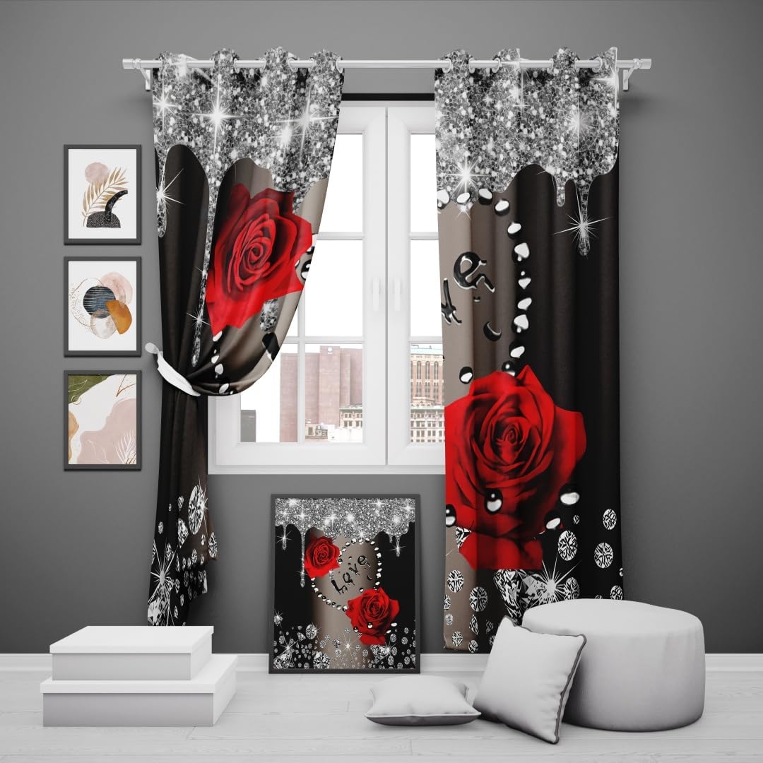 100% Blackout Curtains 84 Inch Length 2 Panels Set Rose Floral Silver Glitter Red Flower Sequins Abstract Art Pattern Printed Window Drapes Darkening Thermal Insulated for Bedroom Living Room 52x84
