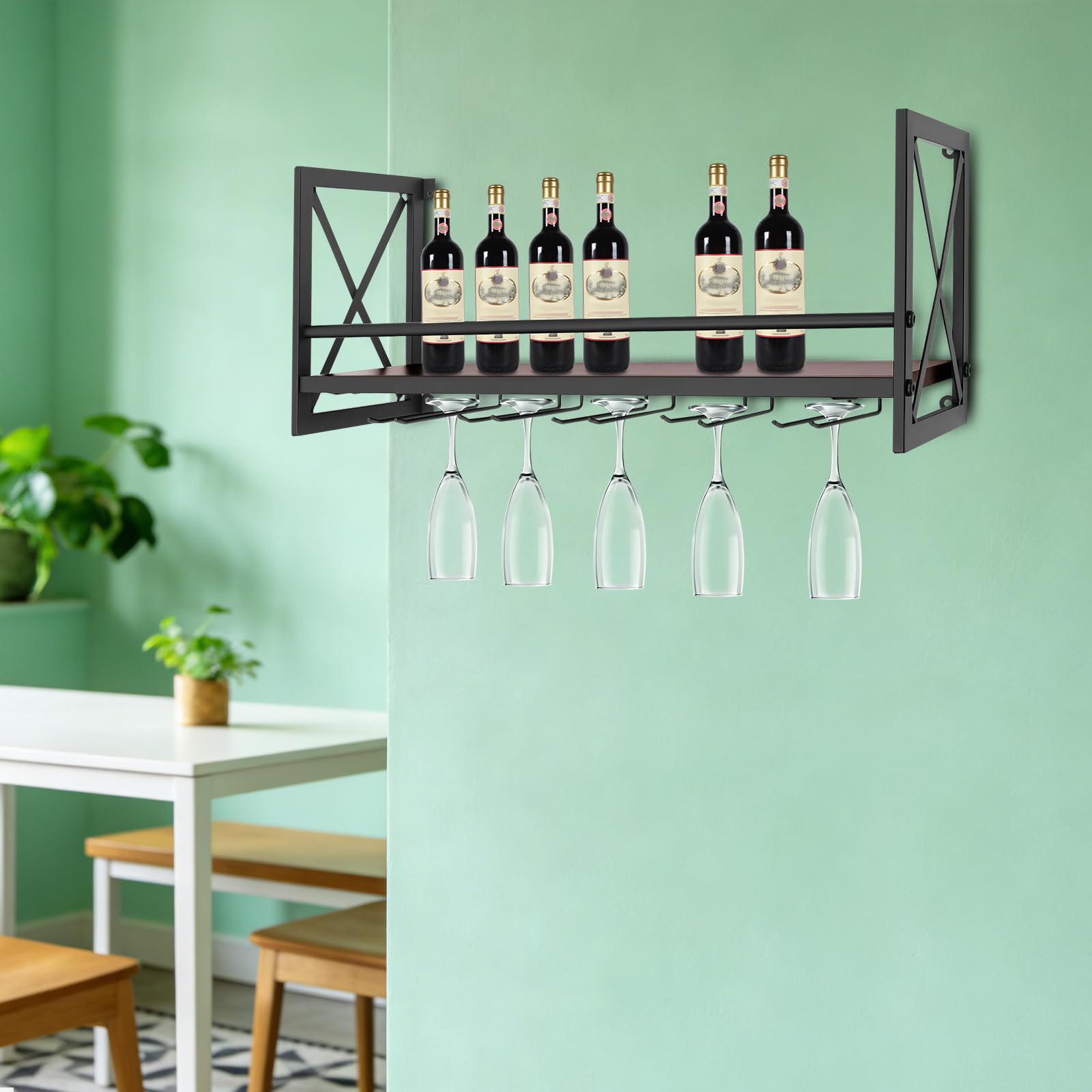 Étagère à vin murale en bois avec cadre en métal, design industriel, pour environ 10 bouteilles + 12 porte-verres à vin, idéal pour la maison, le bar, la cuisine, le restaurant