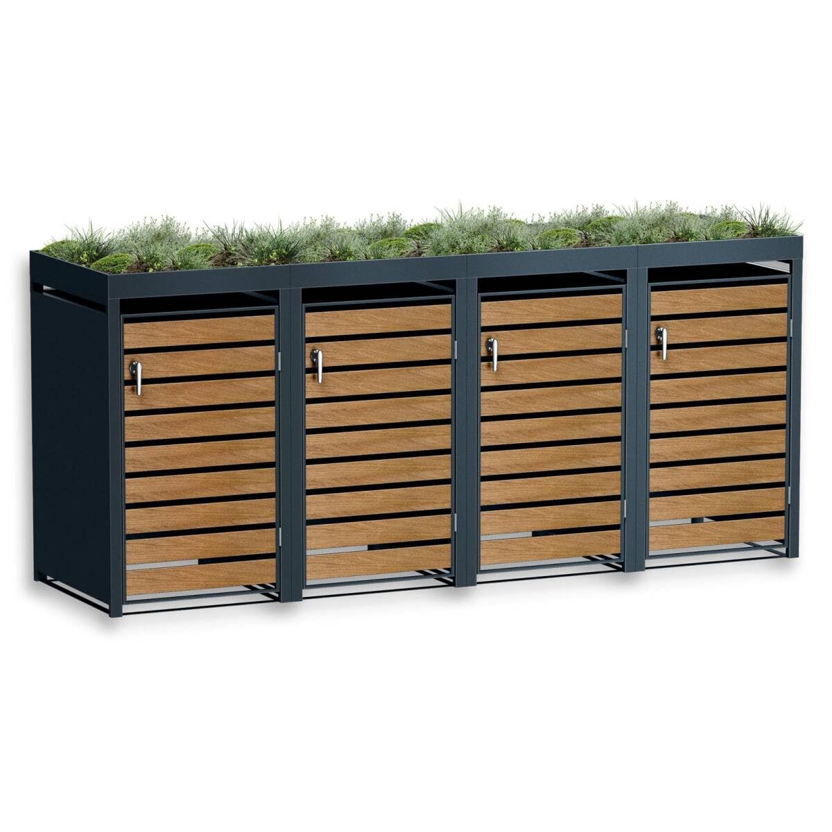 Metzler Mülltonnenbox 4er 240L in Anthrazit & Holzoptik mit Pflanzdach & Sichtstreifen, Mülltonnenverkleidung 4 Tonnen mit Automatikdeckel, Müllbox mit pulverbeschichtetem Stahl rostfrei, abschließbar