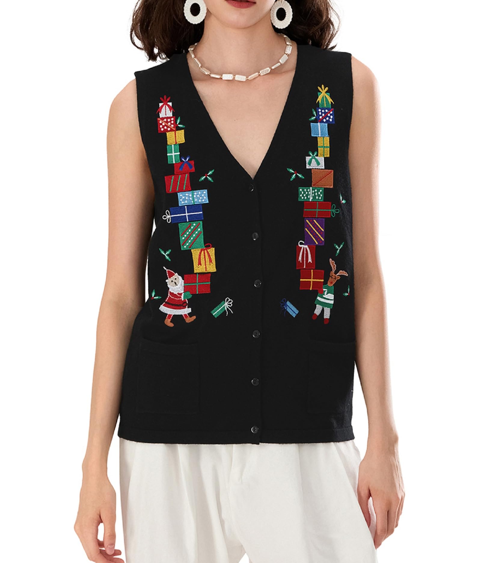 Women Christmas Sweater Vest Button Front V Neck Knit Vest Cute Embroidered Sleeveless Cardigan Xmas Clothes