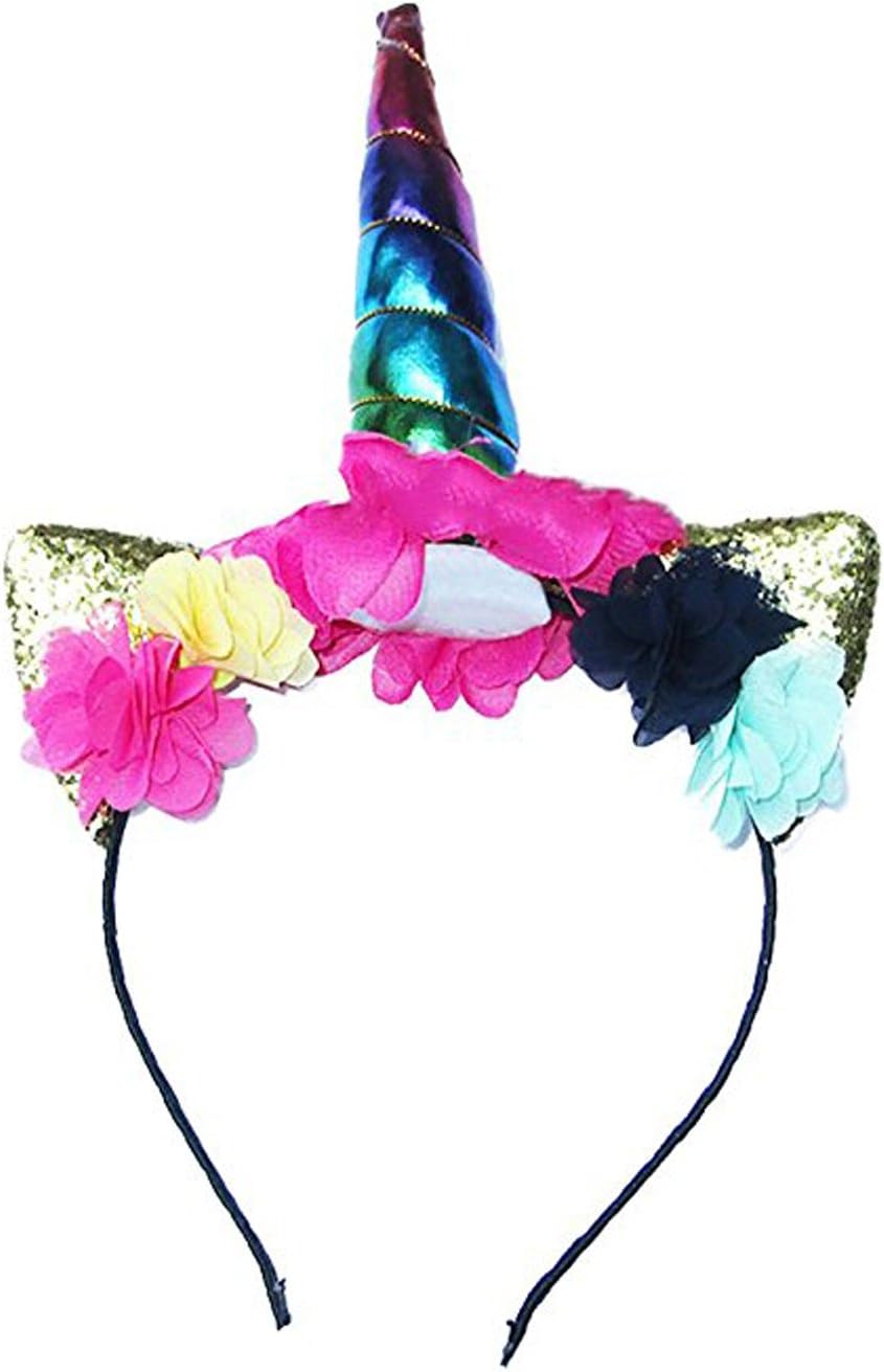 YUNQI Halloween Unicorn Horn Flower Hairband Cosplay Glitter Ears Headband
