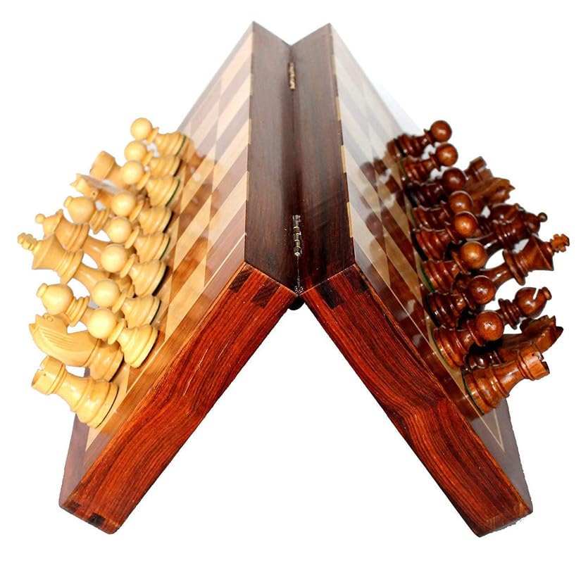 Image of Wooden Magnetic Chess Board Handcrafted Foldable Chess Set with Magnetic Pieces and Extra Queens for 2 Players Kids and Adults (12x12 Inches, Brown)