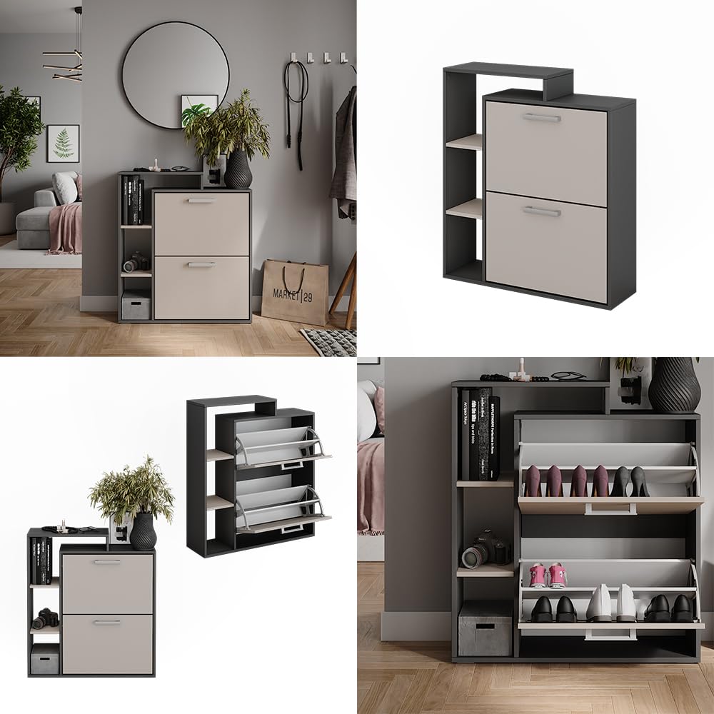 Vicco Schuhkipper Orlando, Anthrazit/Greige, 80 x 90 cm | mit zwei Klappregalen zur platzsparenden Schuhaufbewahrung
