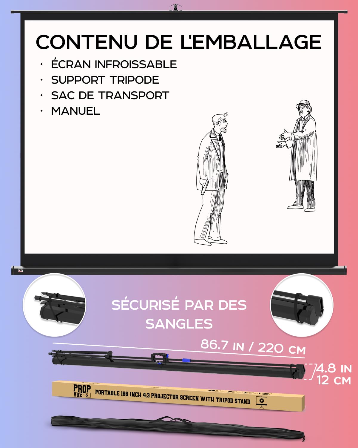 Écran de Projection sur Pieds 100 Pouces - Écran pour projecteur intérieur et extérieur pour Films ou présentations - Réglable de 4:3 à 16:9 Écran sur trépied HD Premium sans pli avec Sac, Mat