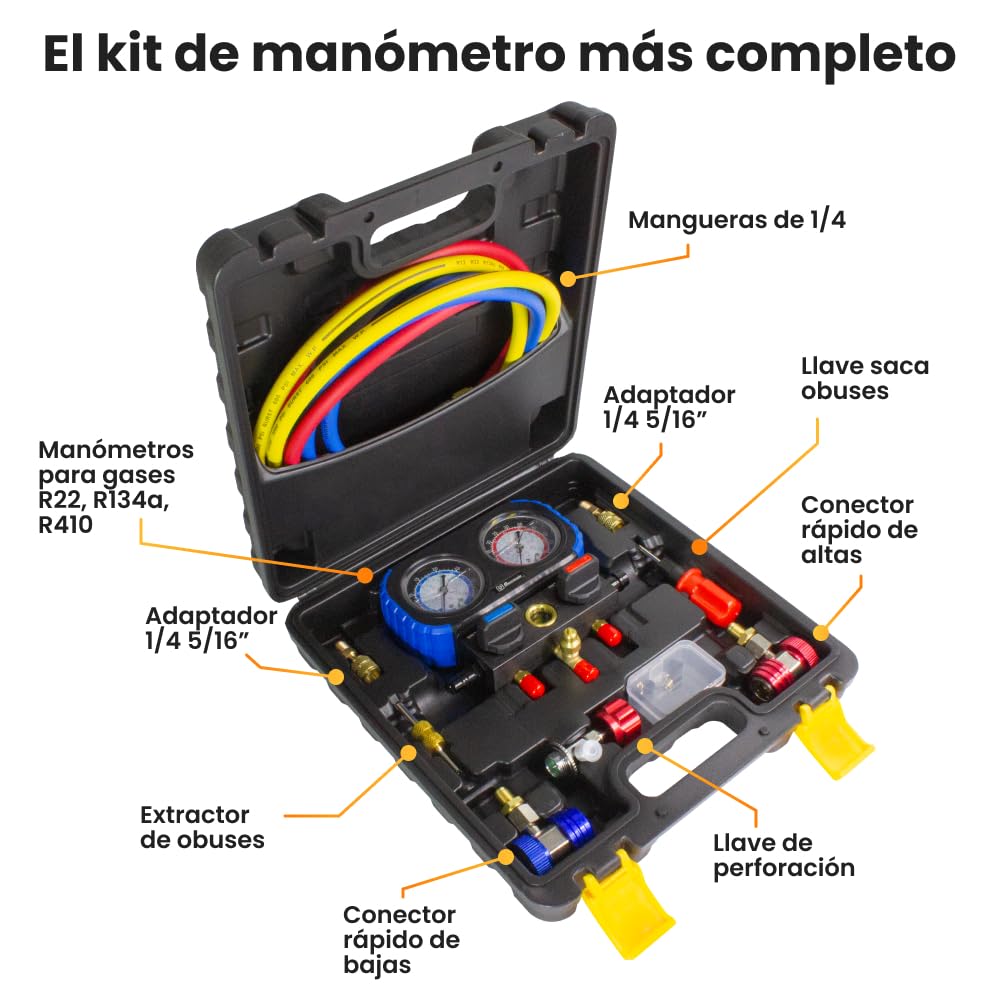 Manómetro con glicerina Maletin Set Manometros para Aire Acondicionado con Glicerina para Precisión Gas Refrigerante R22, R134a, R410 Manómetro para Recarga de Gas Refrigerante Antivibraciones