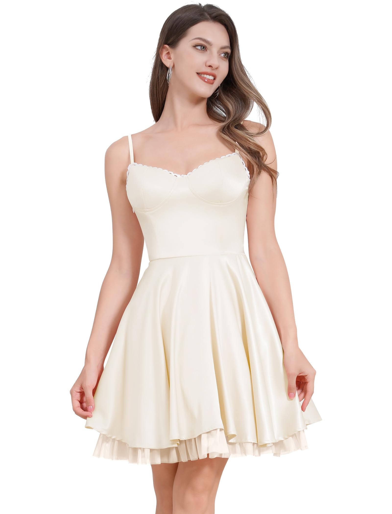 ODIZLI Women's Satin Short Corset Mini Short Dress Sleeveless Sweetheart Neckline Ruffle Party Dress Summer with Pockets