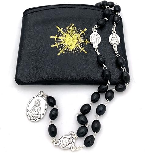 Seven Sorrows of Mary Rosario Chaplet Oval Negro Cuentas de madera y bolsa de rosario a juego - Rosario servito