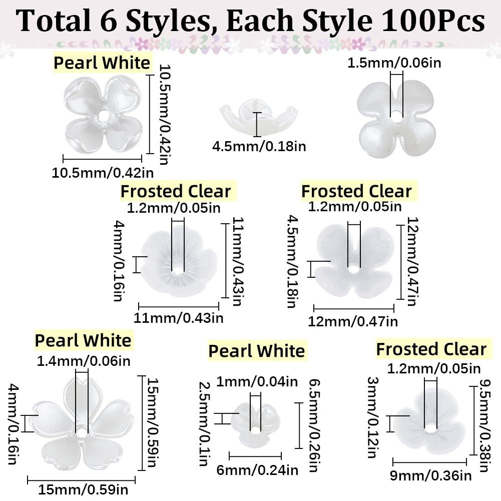 SUNNYCLUE 600Pcs Acrylic Floral Beads - 10 Styles Flower Bead Caps For Jewelry Making