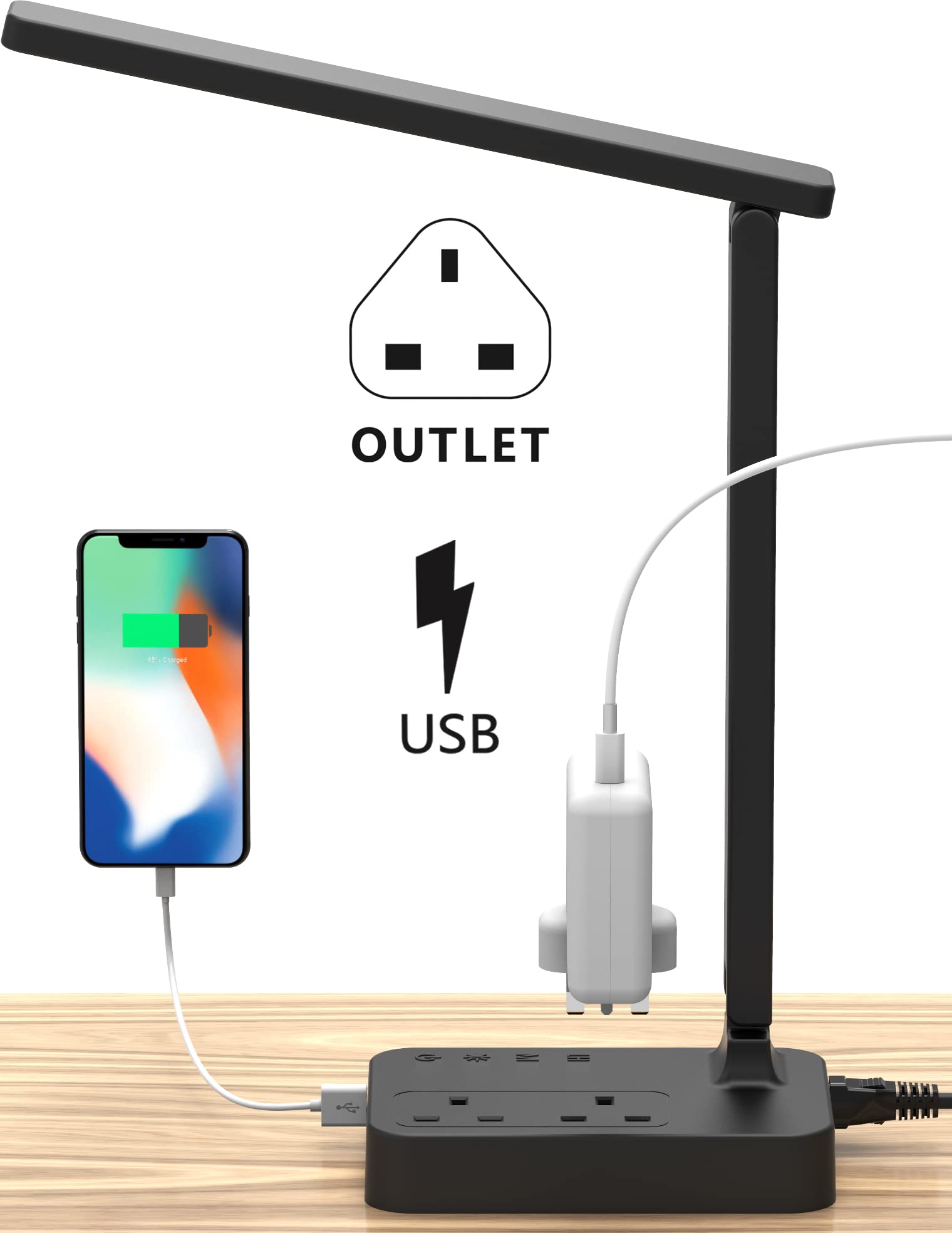 Drevet LED Desk Lamp, Desk Light with 1 USB Charging Port and 2 Way Outlets, 3 Lighting Modes, 3 Level Brightness,1H Timer, Touch Control, Eye-Caring Home Office Bedside Table Lamp (Black) [Energy Class D]