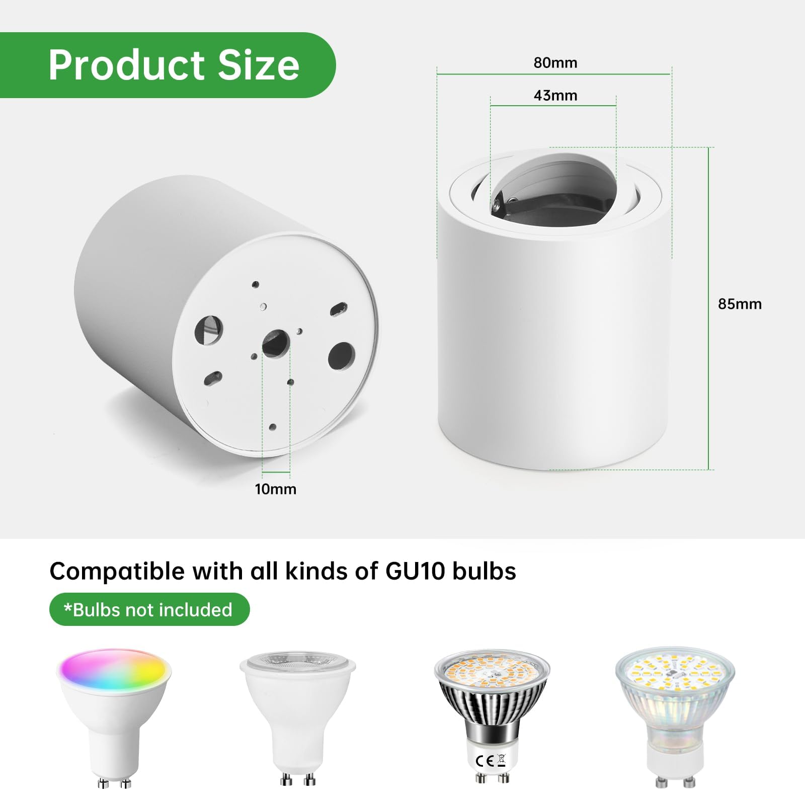 HOMEOW Focos LED Interior Techo Superficie, Pack of 4 Foco de Techo Blanco, Focos Superficie Orientable de Aluminio para Módulos GU10 y LED, Redonda