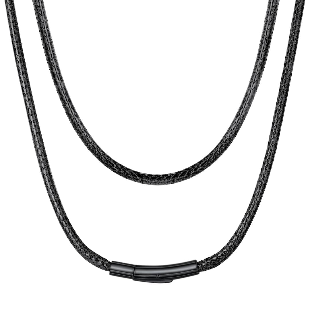 ChainsHouse Waterproof Braided Black Leather Necklace Cord with Clasp, Men Women DIY Rope Chain for Pendant, Customize Available, 1.5/2/3mm Width, 16/