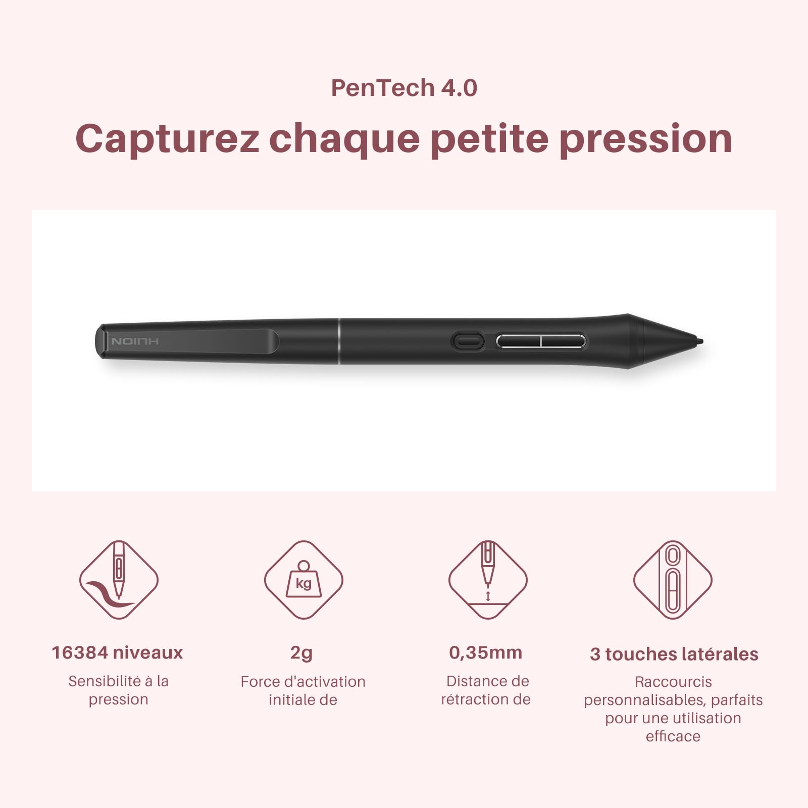 HUION Kamvas 13 Gen3 2024 Tablette Graphique avec Écran, Tablette de Dessin en Verre Canvas de 13,3", 99% sRGB, Pentech 4.0, 16384 Pression du Stylet, Doubles Cadrans, Support Réglable, Rose