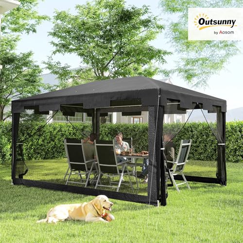 Outsunny Carpa de Jardín 4x3 m Cenador Desmontable Exterior con 4 Mosquiteras Laterales 2 Puertas con Cremallera y 6 Orificios de Drenaje Impermeable Anti-UV para Terraza Patio Playa Gris Oscuro - imagen 2