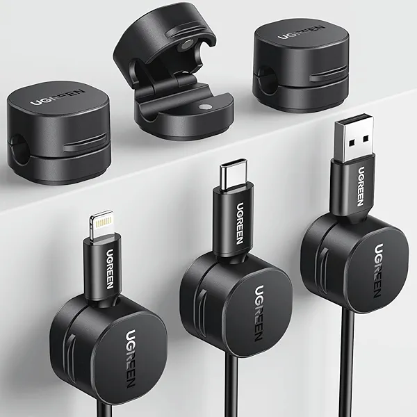 UGREEN Cable Organizer Clips, Adhesive Cable Management - 6-Pack Strong Magnetic Cord Holder for Desk to Keep Phone Charging Cables, Computer Cords, and Various Cord Organized for Nightstand