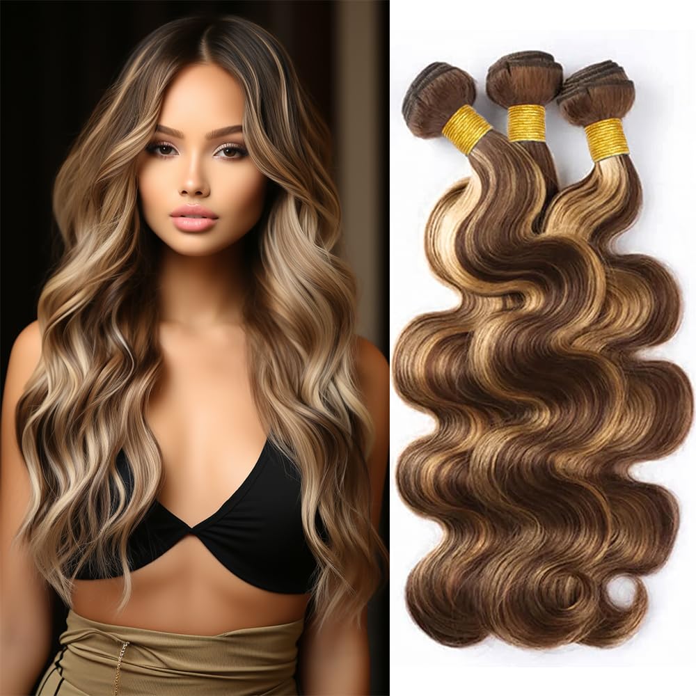 Highlight Body Weave Bundles Human Hair P4/613 Brown and Blonde Body Wave Bundles Double Weft Brazilian Human Hair Two Tone Weave Extensions Double