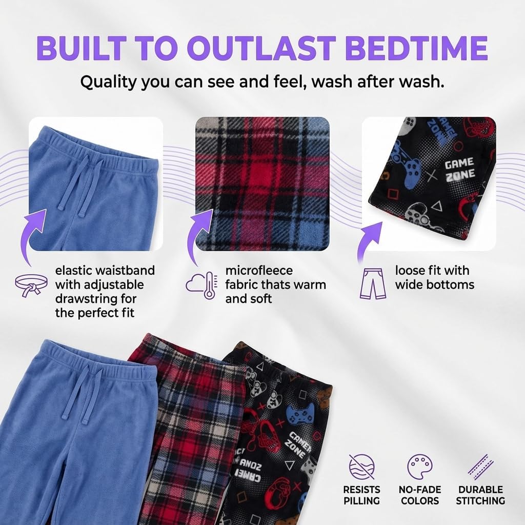 US Angels 3-Pack Boys Pajama Pants - Soft Micro Fleece OR Jersey Knit PJ Bottoms for Kids - Boys Sleepwear, Size 7-20 - Image 4