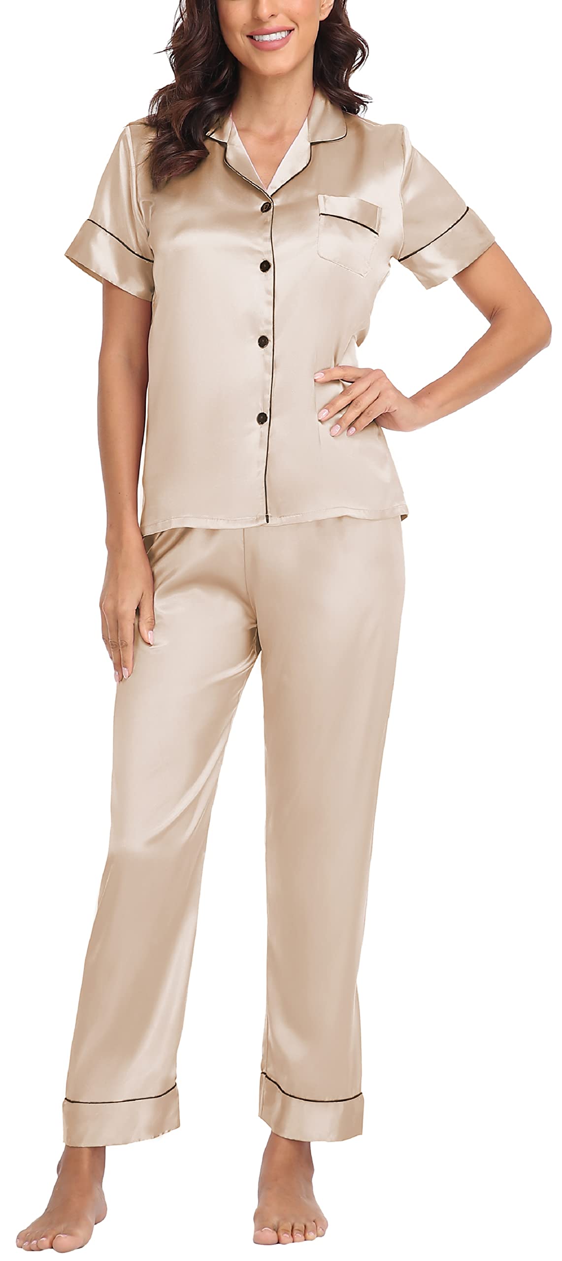 Women's Satin Pajamas Set 2 Piece Pj Set Sleepwear Notch Collar Short Sleeve T-Shirt Button-Down Loungewear with Long Pants