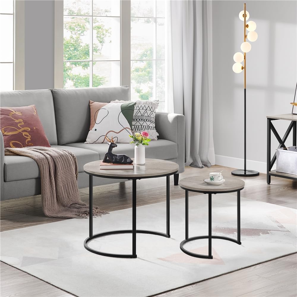 Yaheetech Mesa de Centro Redonda Juego de 2 Mesas Auxiliares Mesas Nido Mesitas de Café Rustica para Salón Mesa Auxiliar 60x60x50,5cm Gris