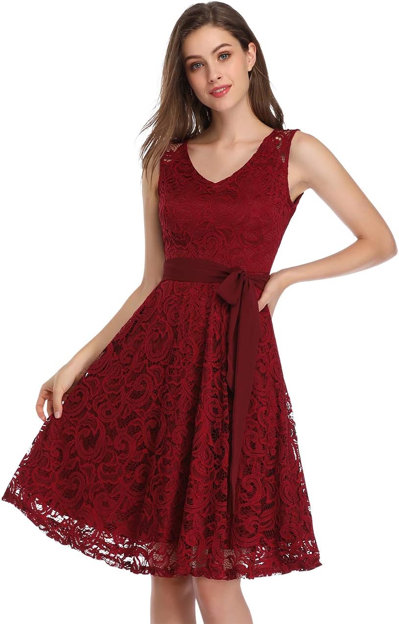 KOJOOIN Women Vintage Bridesmaid Dress Lace Dress Wedding Evening Cocktail Prom Dresses Burgundy S