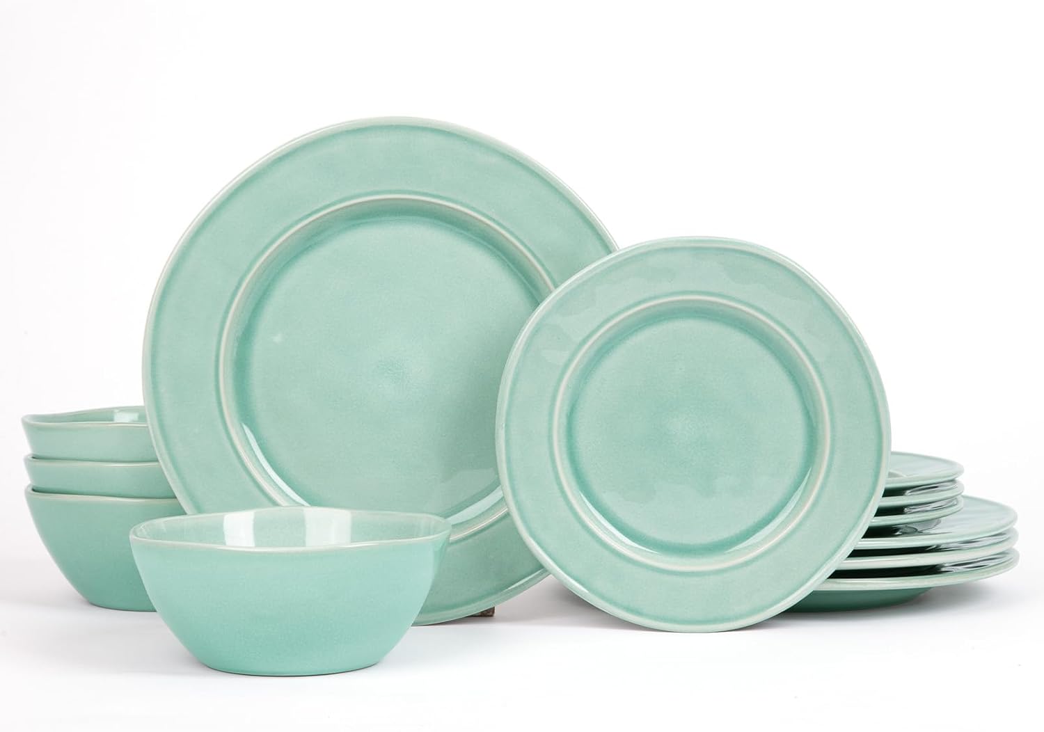Famiware Plates and Bowls Sets, 12 Piece Dinnerware Sets, Dishes Set for 4, Aurora Collection Irregular Stoneware Plate Set, Reactive Glaze, Microwave & Dishwasher Safe, Scratch-resistant, Mint Green Mint Green Set(12pcs)