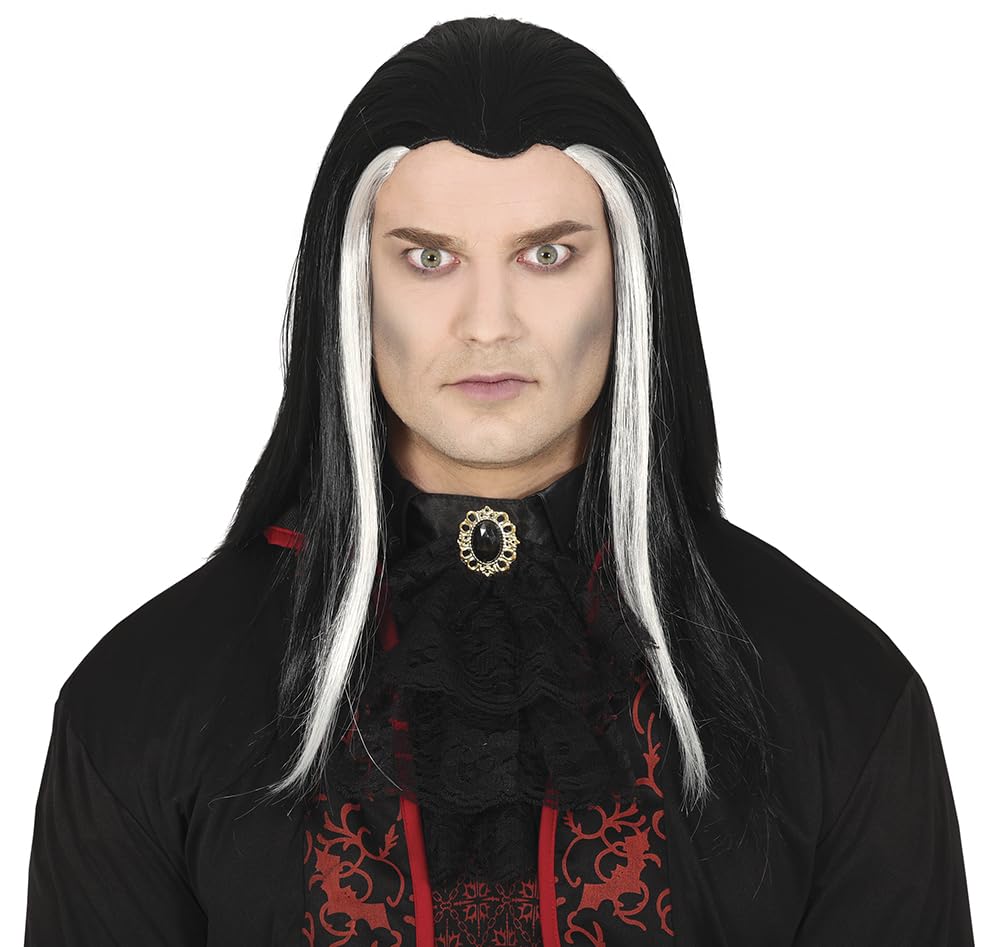 FIESTAS GUIRCA | Long Black Vampire Wig (One Size) - Fancy Dress Accessory for Halloween and Vampire Themed Parties - Ideal for Adult Men - Black and White