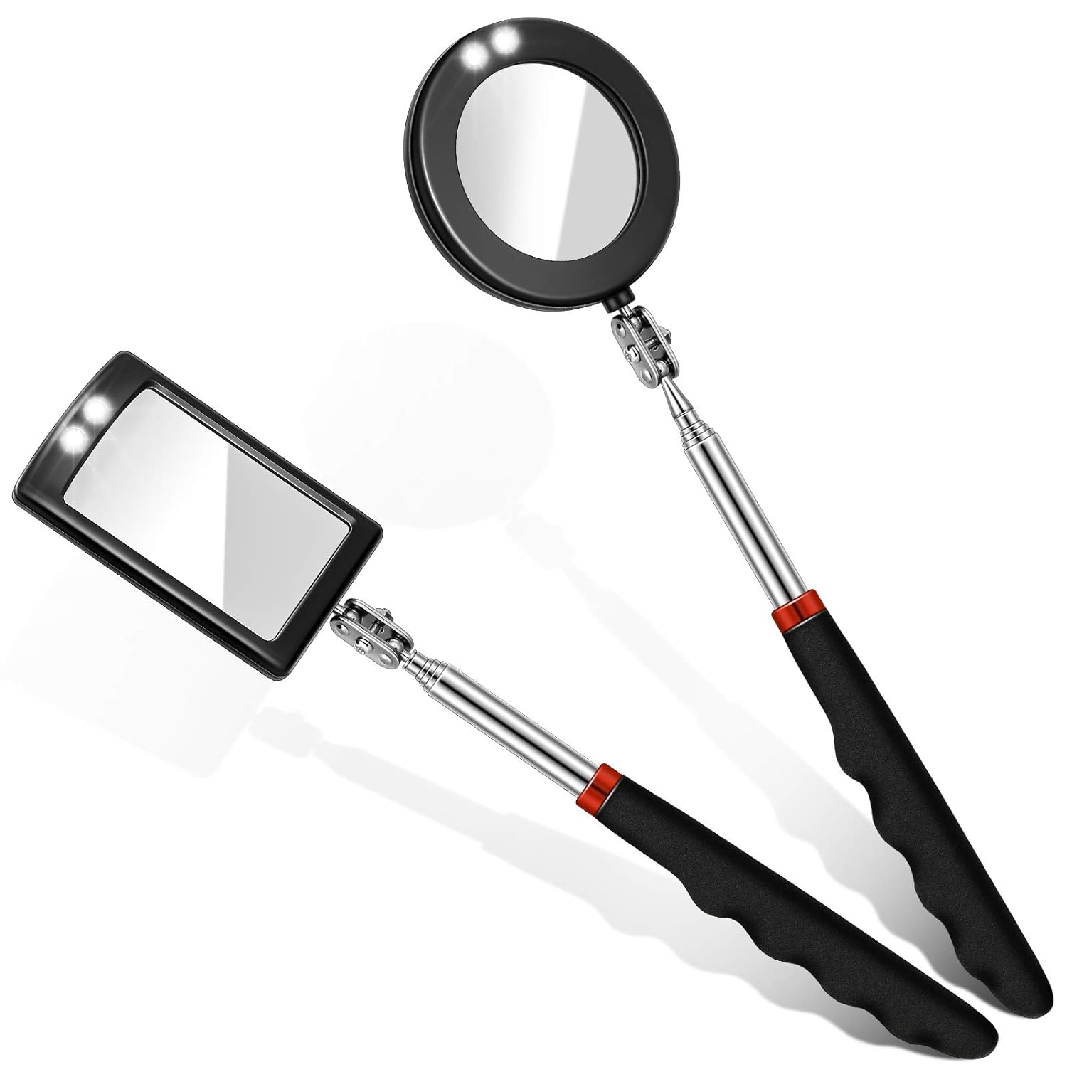 Tatuo 2-Pack LED Telescoping Inspection Mirrors - Round & Square, 360° Rotating for Mechanics, Dentists, Makeup Artists