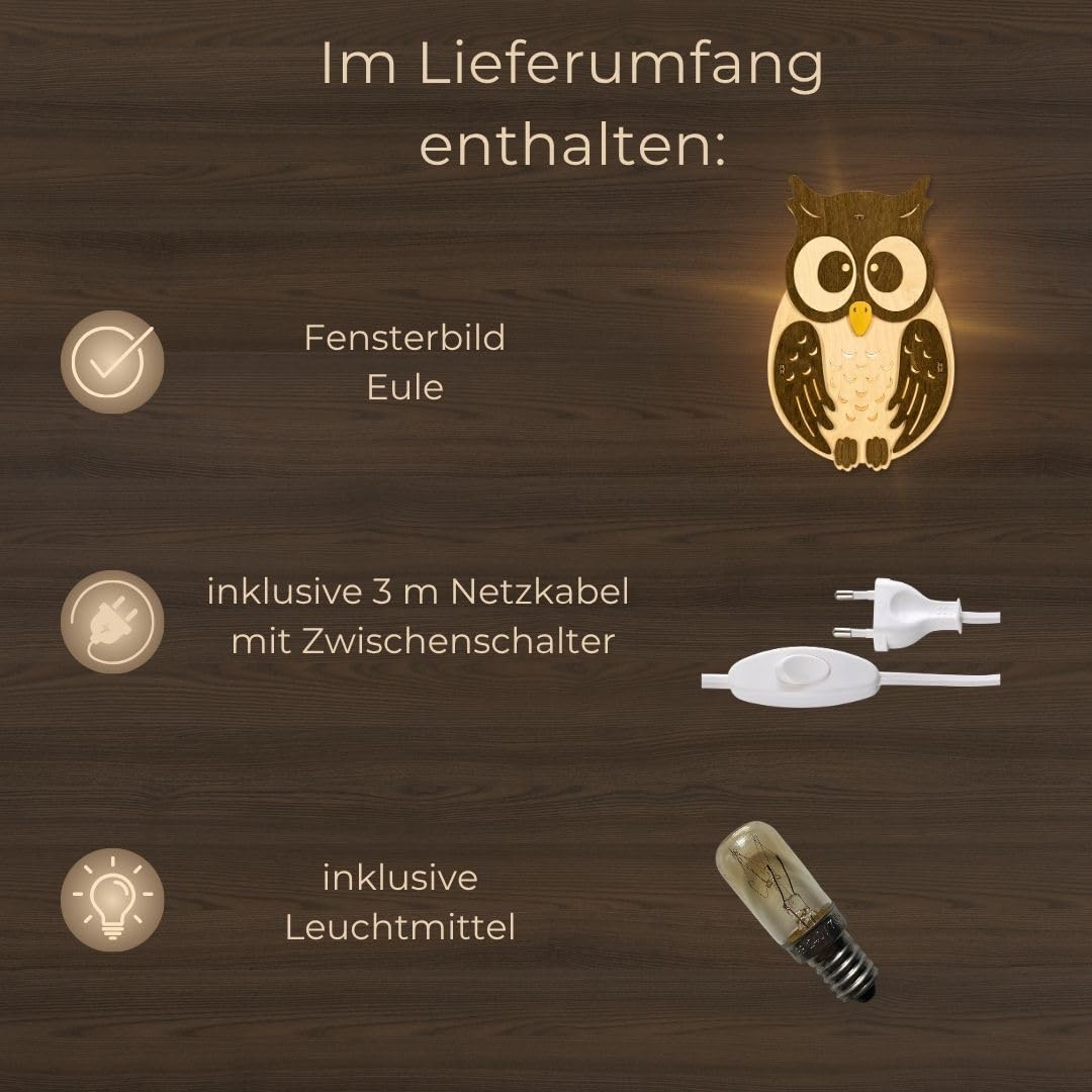 weigla - Fensterbild original Erzgebirge Eule I Herbstdeko Fenster I 1 Lampe I 7 W, E14 I Deko Fensterbild I Herbstbeleuchtung Holz I Fensterdeko hängend