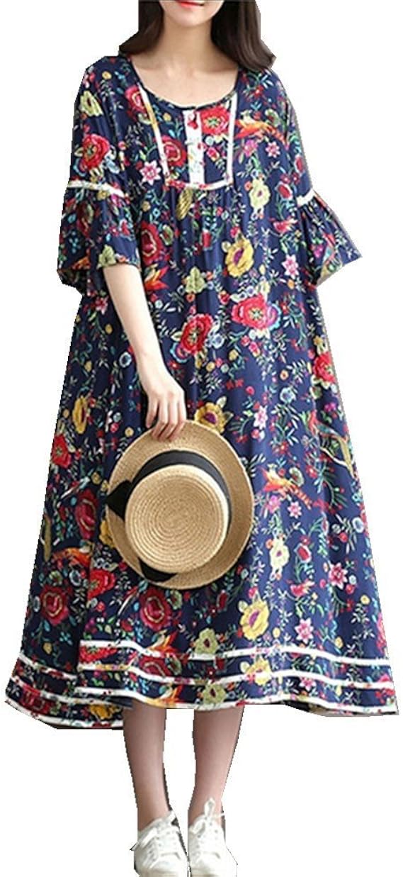 Amazon Co Jp Sisaroレディースワンピース 森ガール 綿 花柄プリント フレアスリーブ ナチュラル系 大きいサイズ マキシワンピース ゆったり 服 ファッション小物
