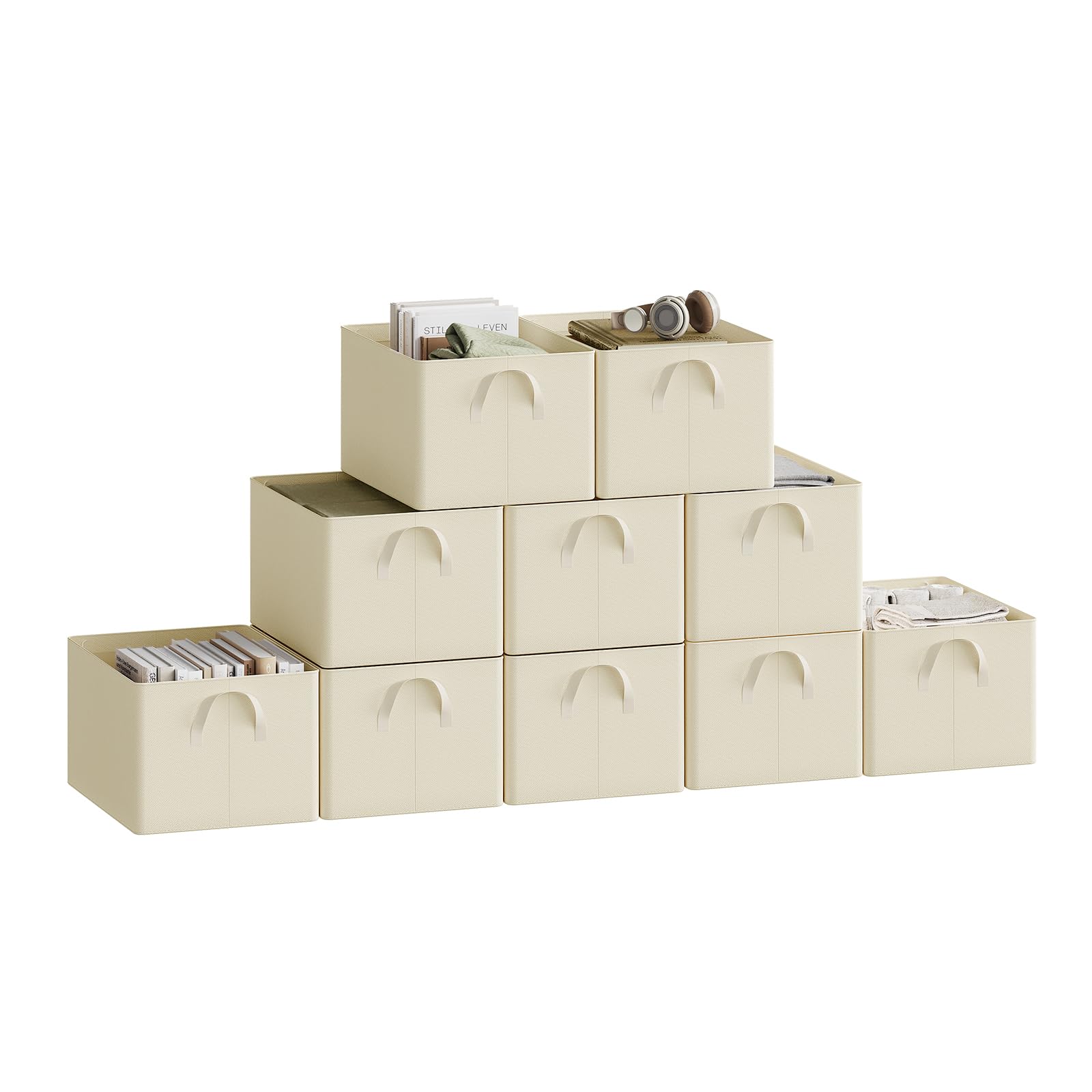 Woltu Cream Set Of 10 Foldable Storage Boxes, Fabric Storage Baskets With Handles, Wardrobe Storage Organisers, Clothes Storage Boxes For Shelves, 42X32x26cm