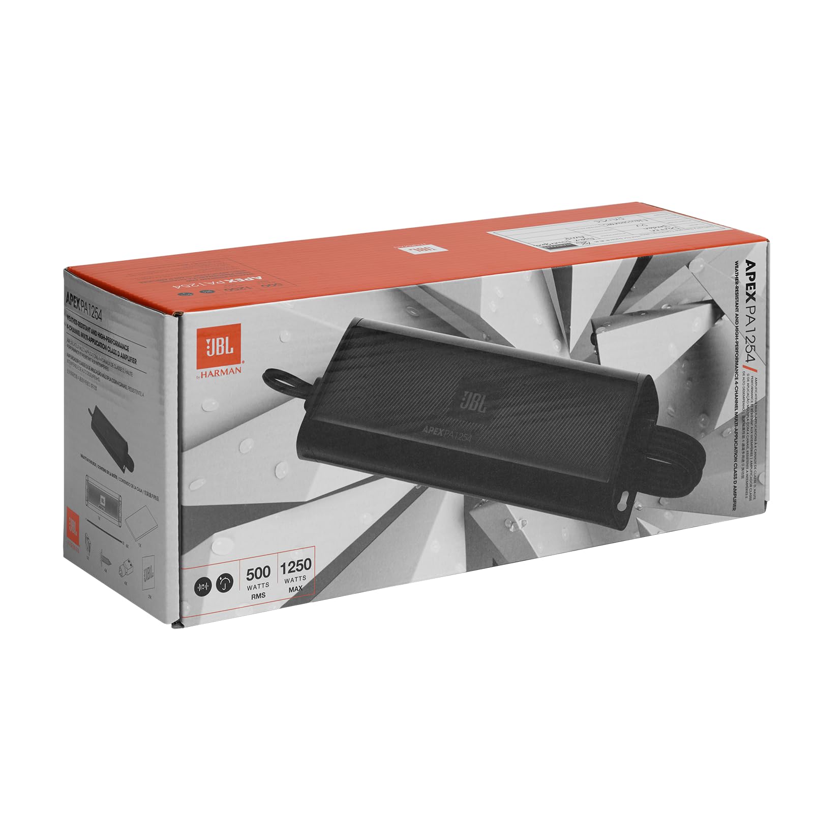 JBL Apex PA1254 Amplificador Compacto 4 Canales Clase D con 1250W Pico, 125W×4 a 2Ω, 75W×4 a 4Ω y 250W×2 en Puente, filtros 60/80/120Hz seleccionables y Rango Completo 20Hz–20kHz para Sistemas