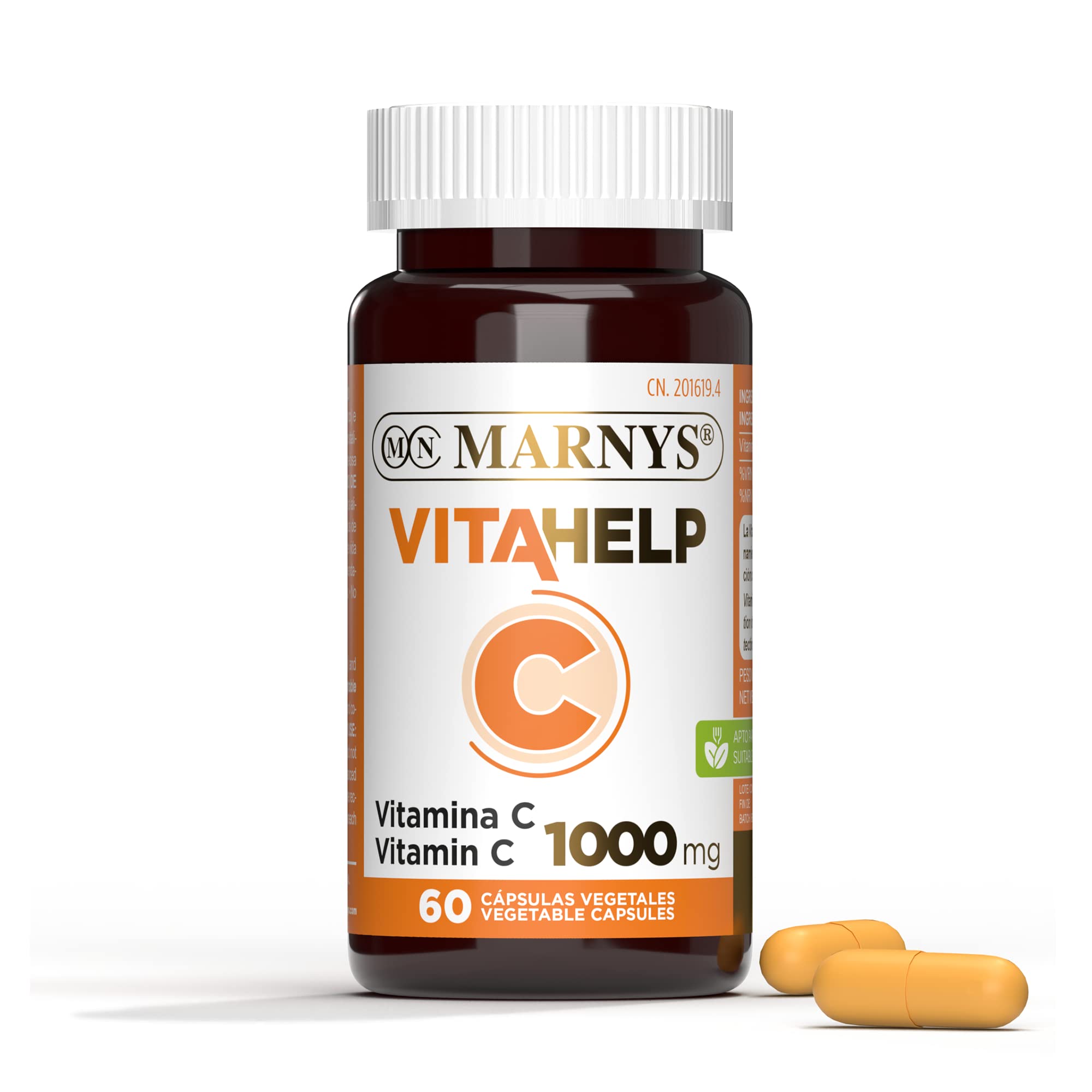 Marnys Vitamina C 1000 mg 60 Cápsulas - Para el sistema inmunológico - protección antioxidante - Reduce la Fatiga y Cansancio - Apto para veganos y vegetarianos - Para dos meses