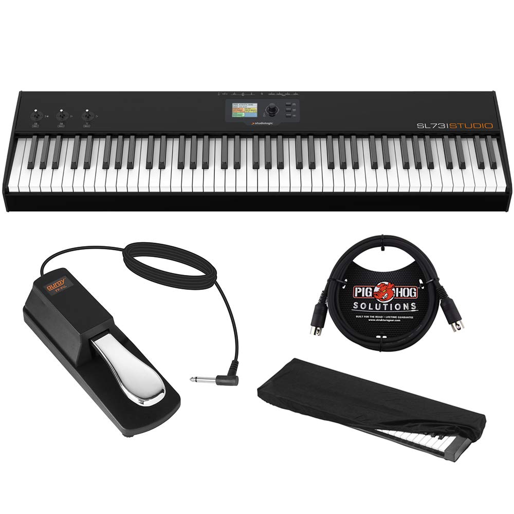 SL73 Studio 73 Key USB/MIDI Keyboard Controller with FP-P1L Sustain Pedal, Keyboard Dust Cover (Medium) & 6ft MIDI Cable Bundle