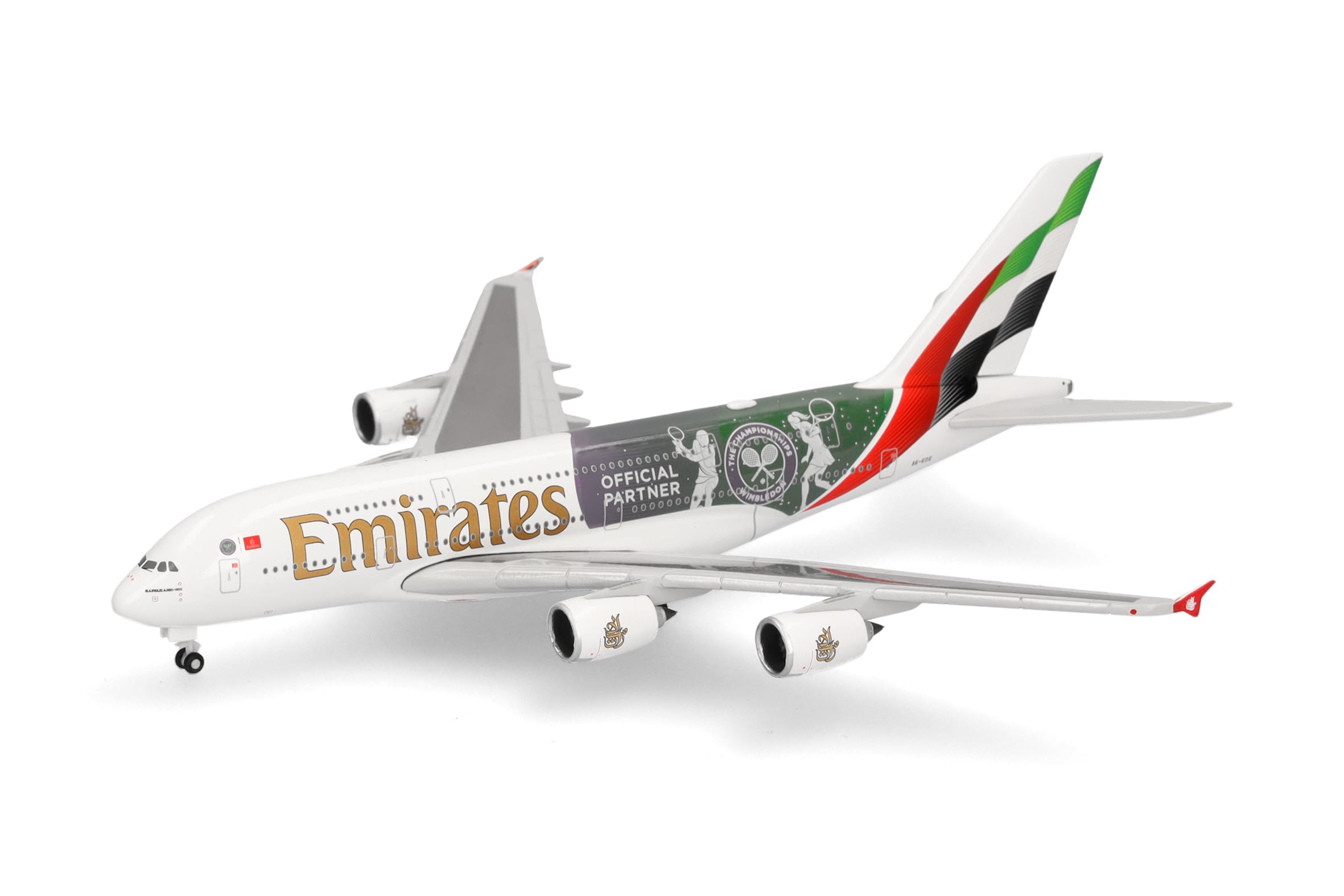 Herpa modellino aereo Emirates Airbus A380 "Wimbledon Official Partner" miniatura in scala 1:500, pezzo da collezione, modello di aereo senza supporto, metallo