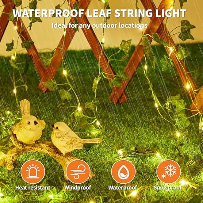 KAiSnova Solar Vine String Lights Outdoor, 33FT 100LED Warm White Ivy Solar String Lights, 8 Modes Waterproof Fairy Leaf Lights for Balcony Pathway Patio Garden, Party Wedding